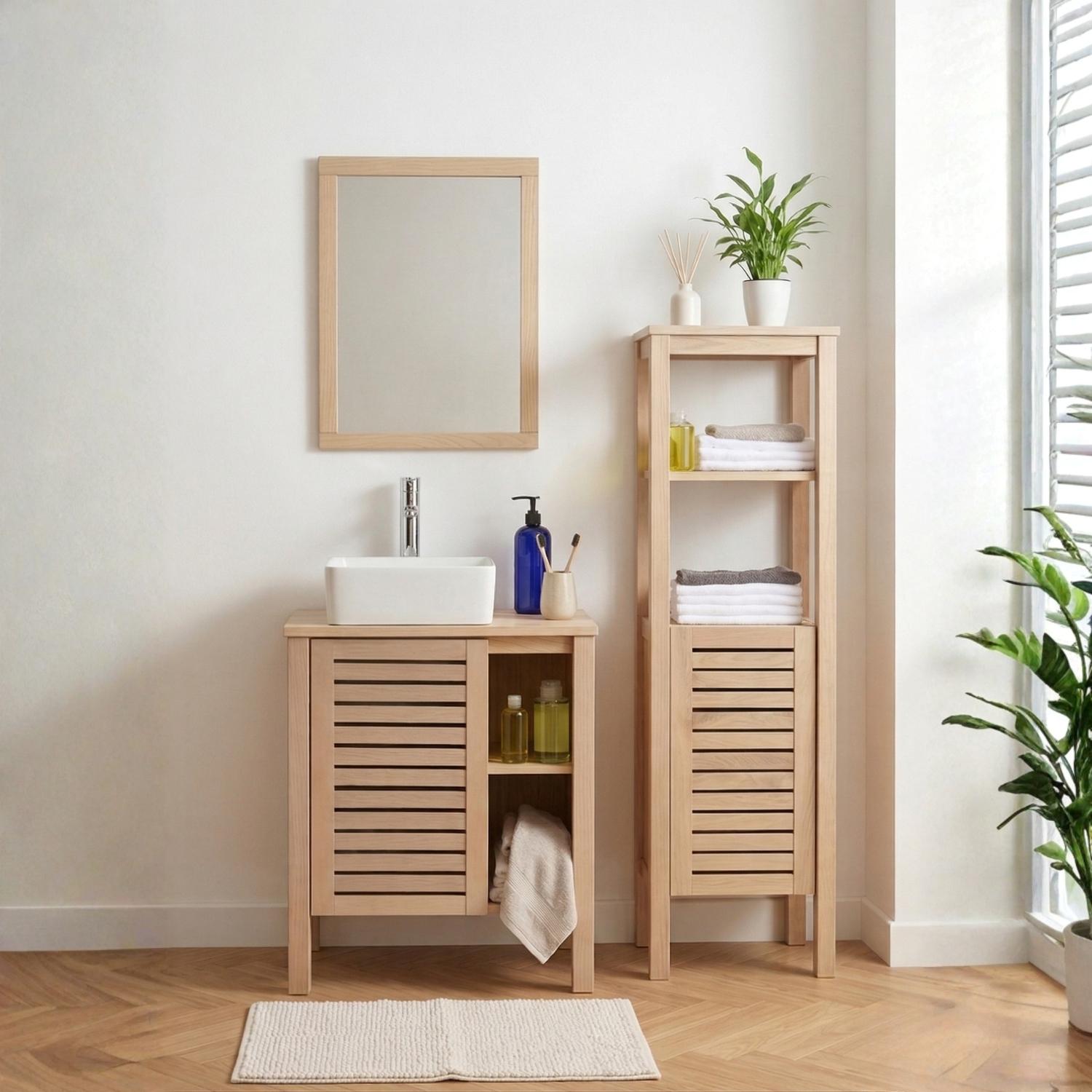 Ensemble simple vasque 60cm chêne avec vasque, robinet, miroir et colonne