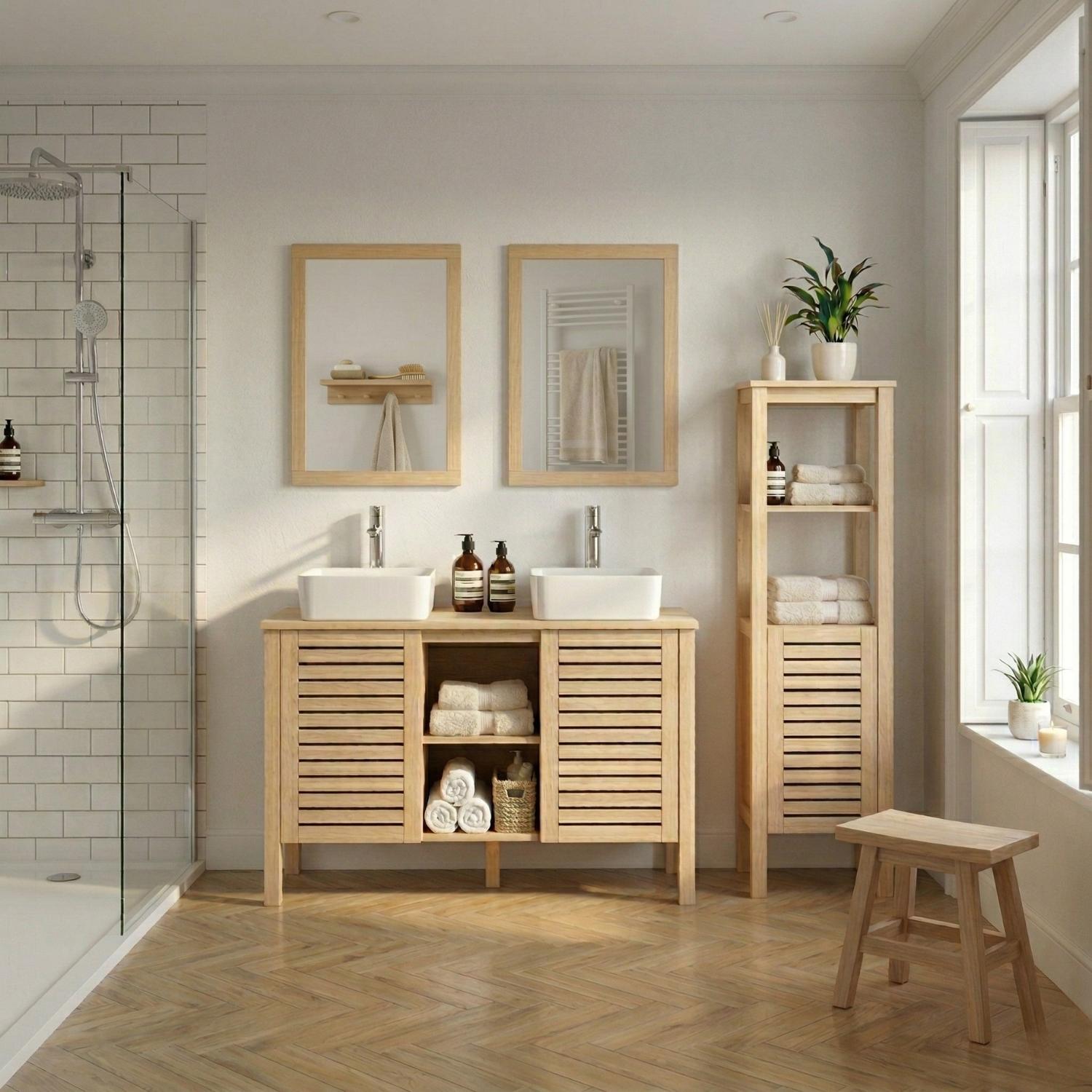 Ensemble simple vasque 90cm chêne avec vasque céramique carrée
