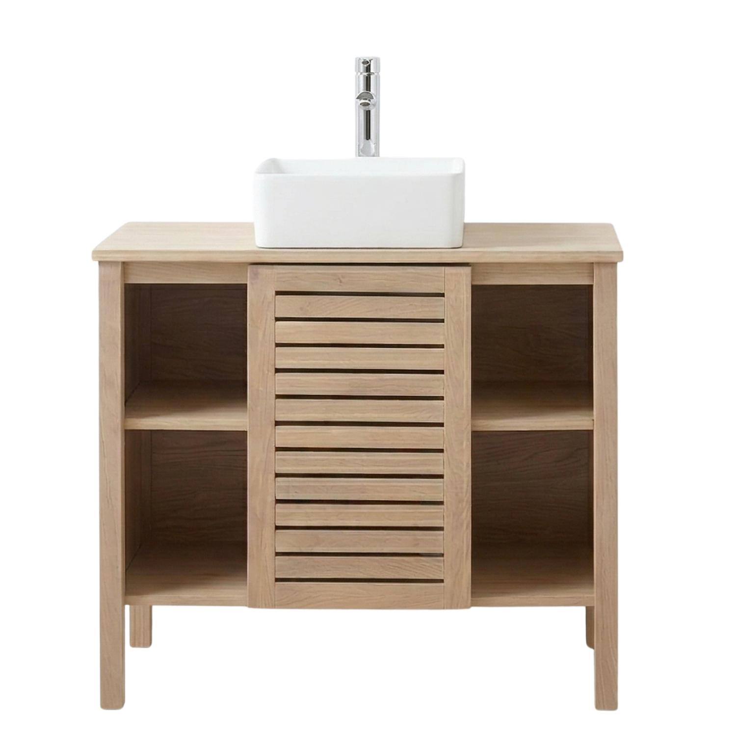 Ensemble simple vasque 90cm chêne avec vasque céramique carrée