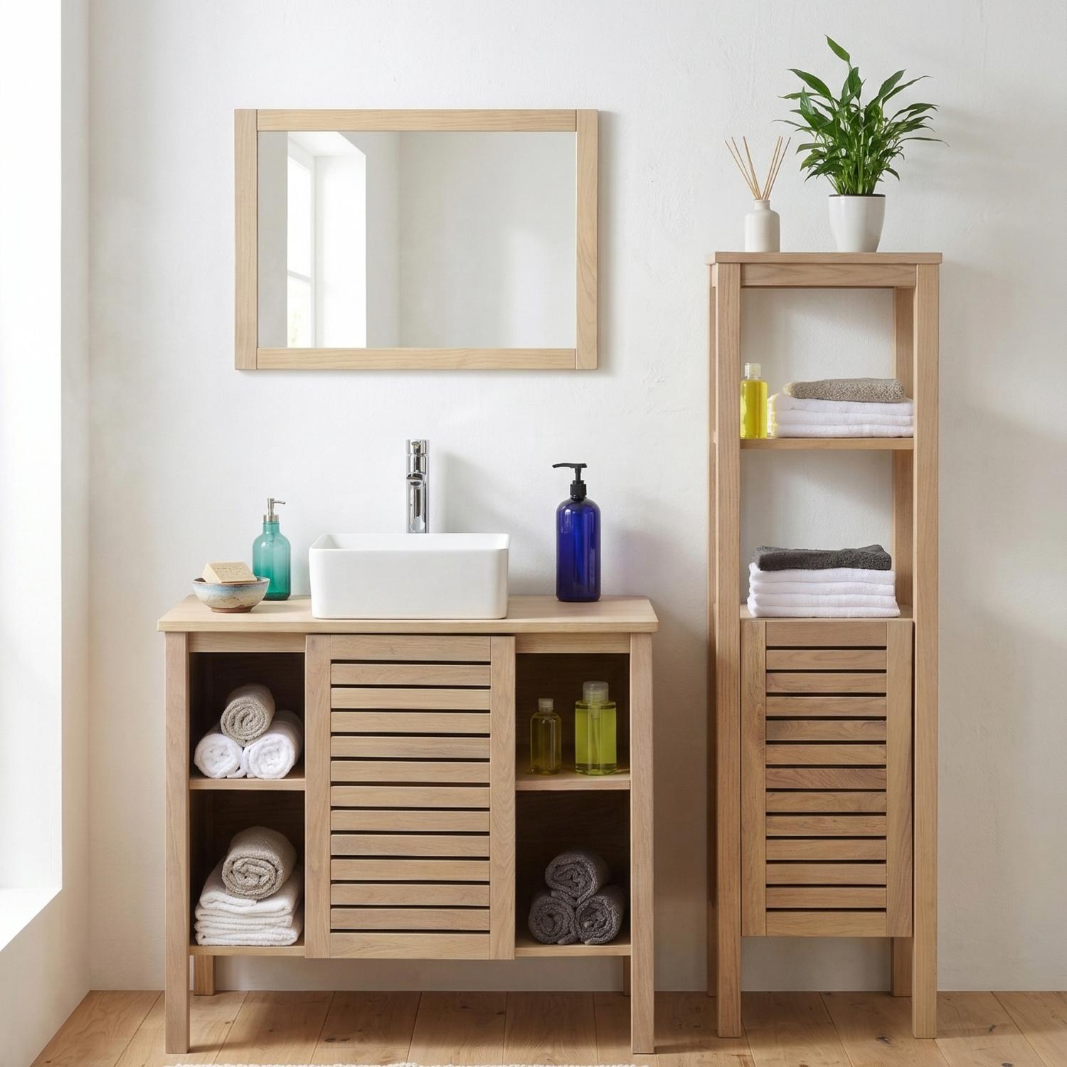 Ensemble simple vasque 90cm chêne avec vasque, robinet, miroir et colonne