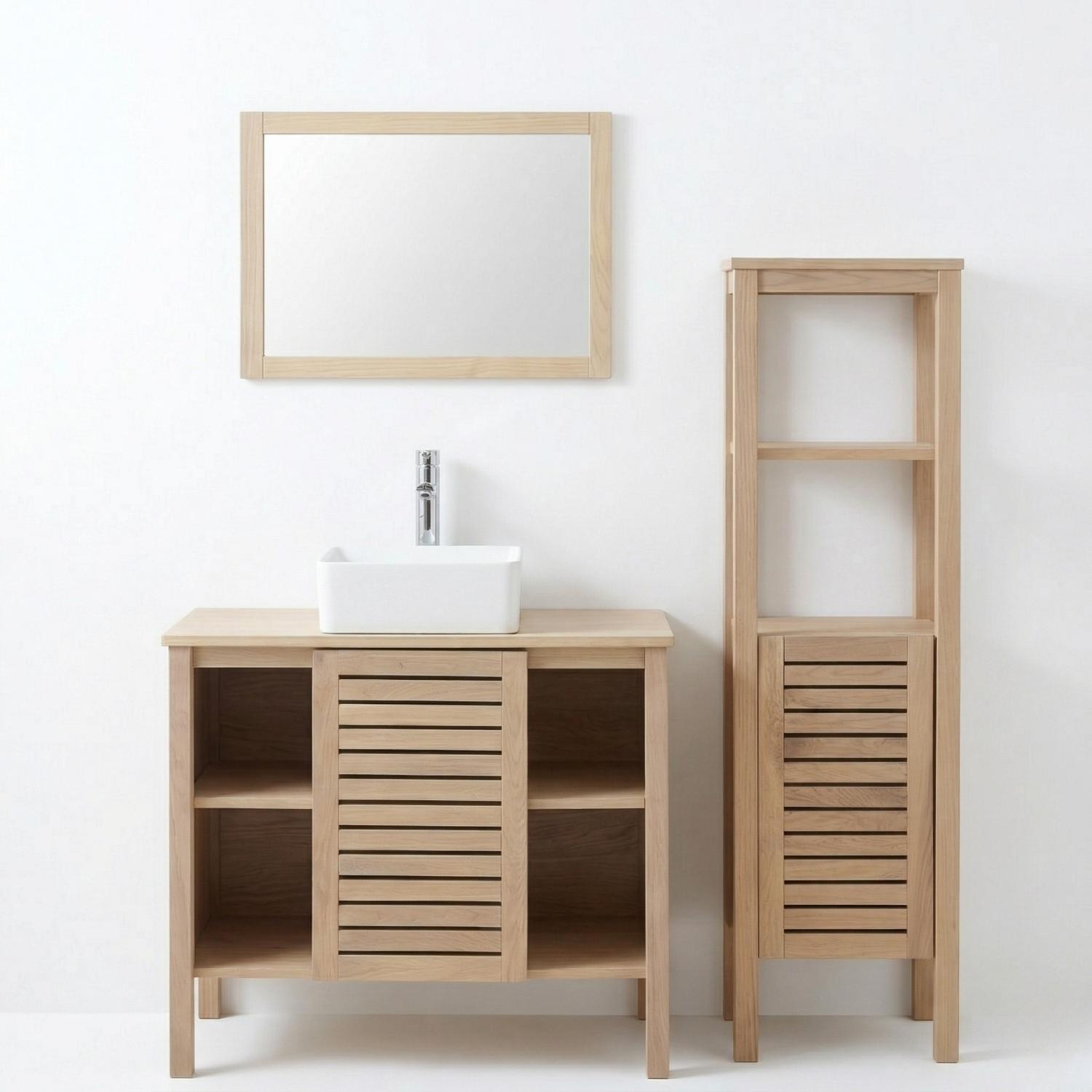 Ensemble simple vasque 90cm chêne avec vasque, robinet, miroir et colonne