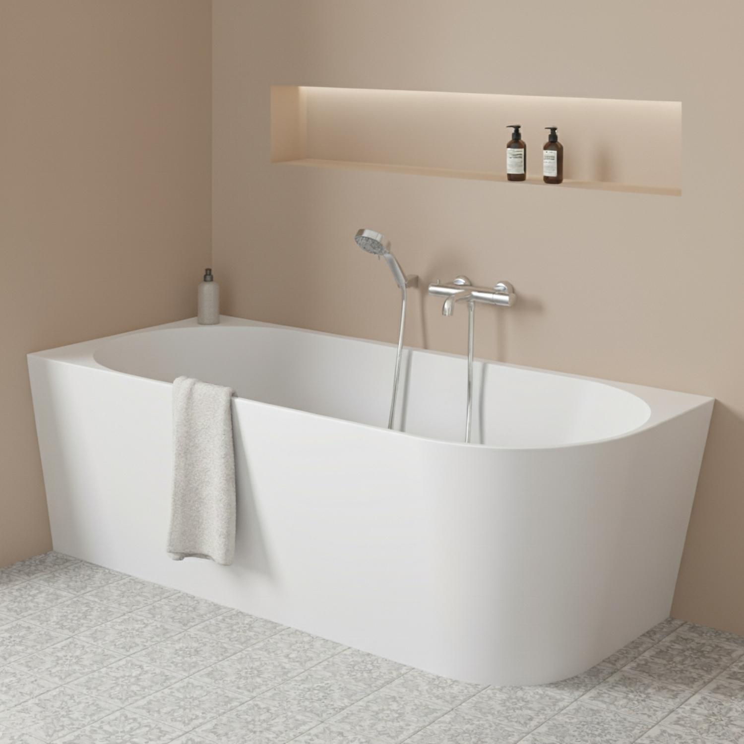 Baignoire semi-îlot en acrylique blanche 150cm - Angle gauche - Livrée complète