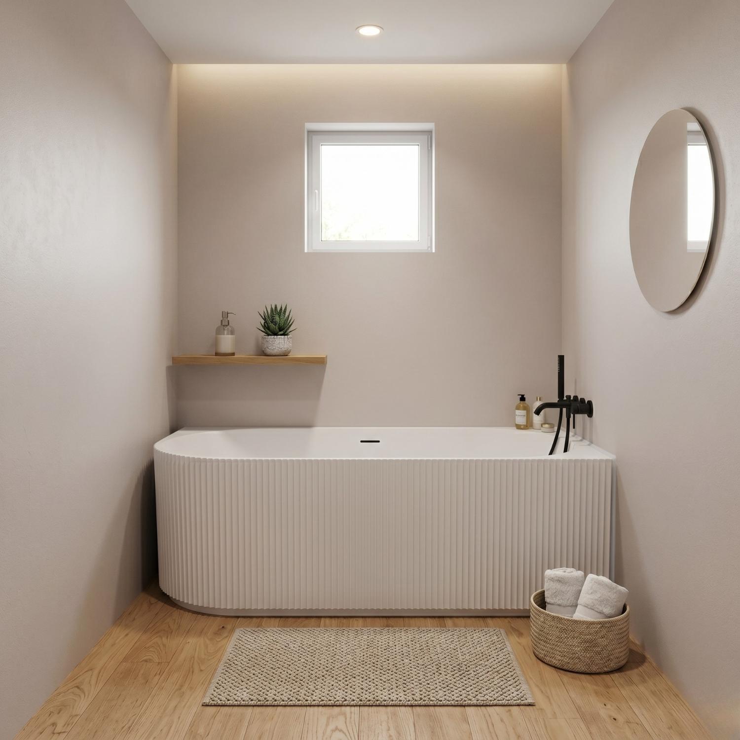 Baignoire semi-îlot blanche 150cm striée en acrylique Lucite® - Angle droit - Livrée complète