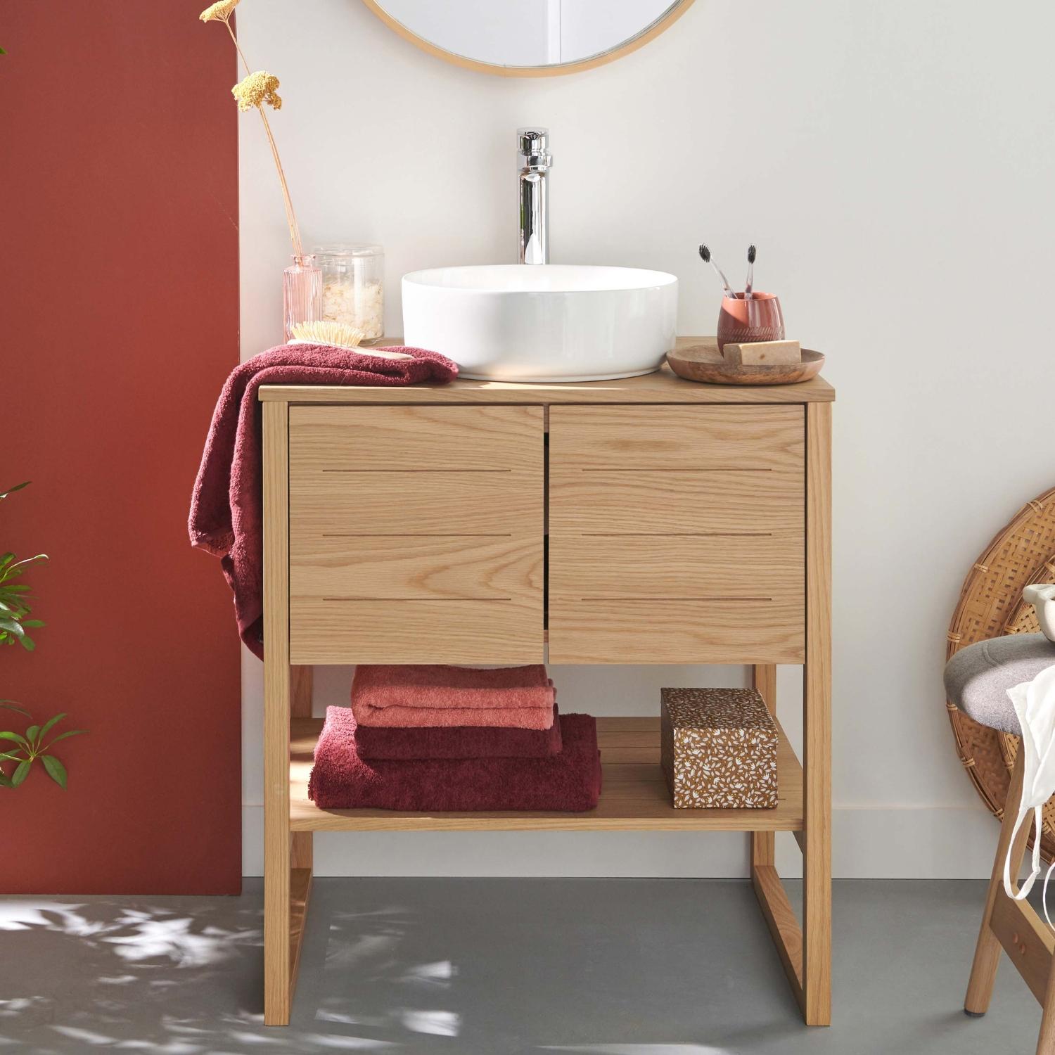 Ensemble salle de bain complet 70cm chêne naturel avec vasque ronde, robinet et miroir ATOLL