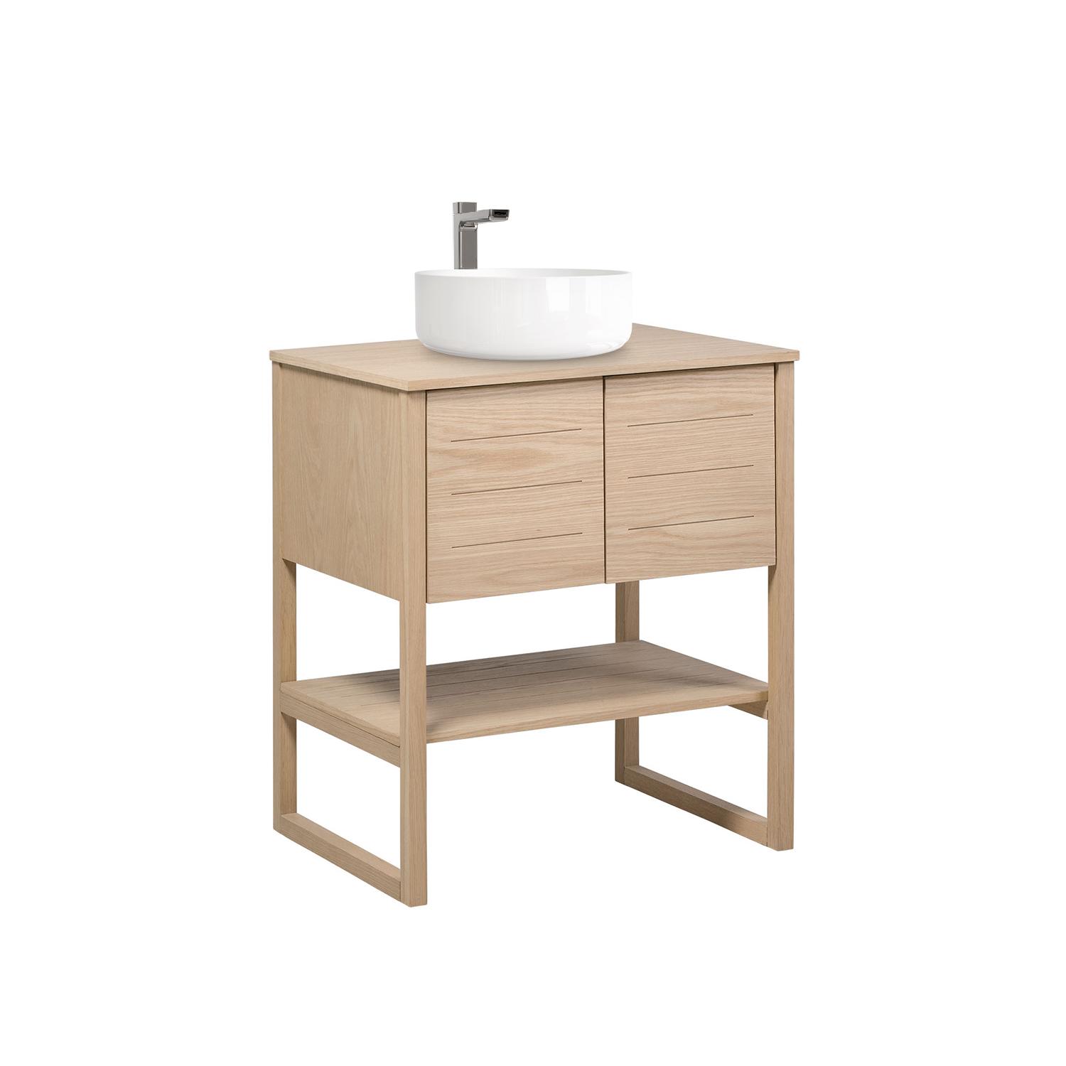 Ensemble meuble 70cm chêne naturel avec vasque ronde blanche et plan de toilette ATOLL