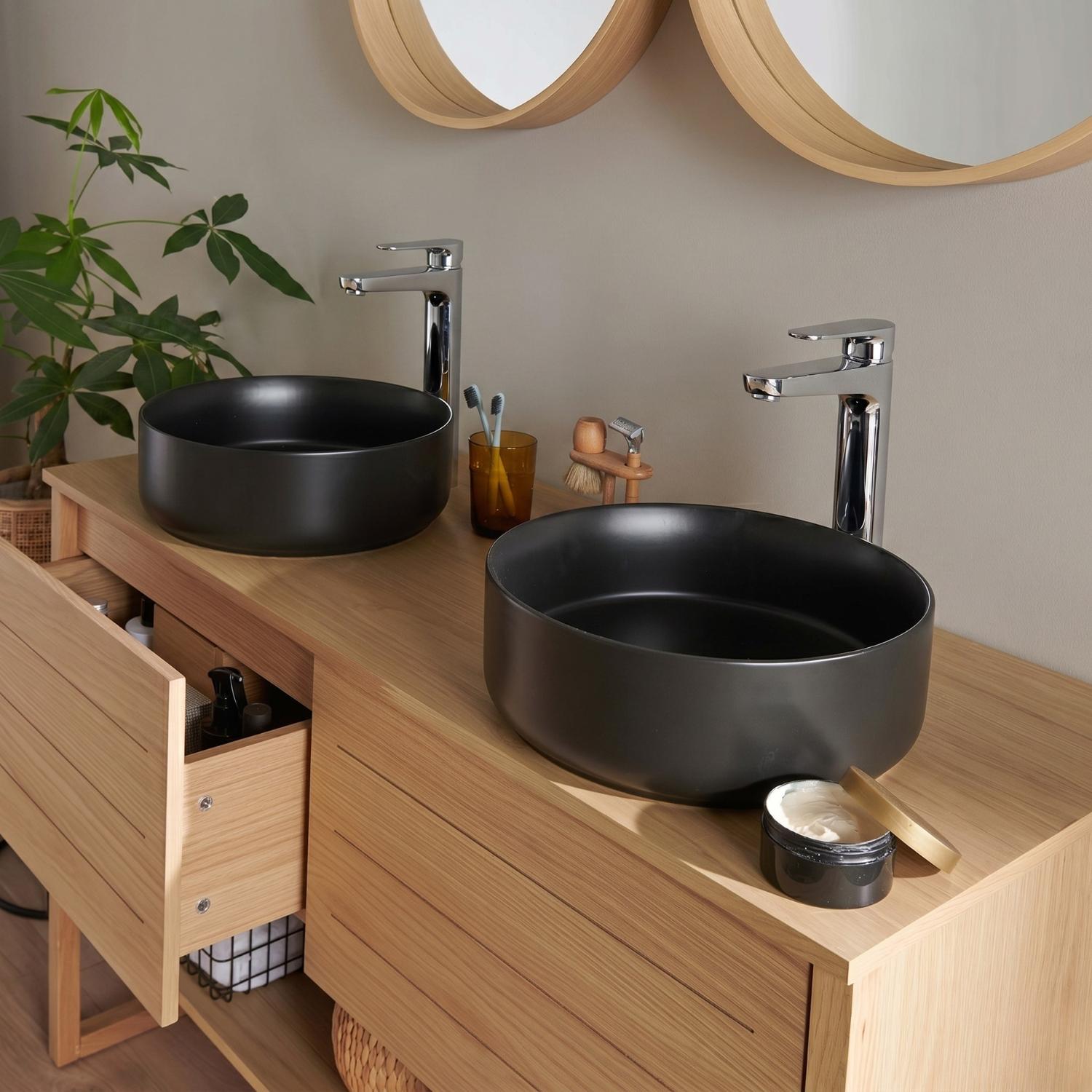 Ensemble meuble double vasque 120cm chêne naturel avec vasques rondes noires ATOLL