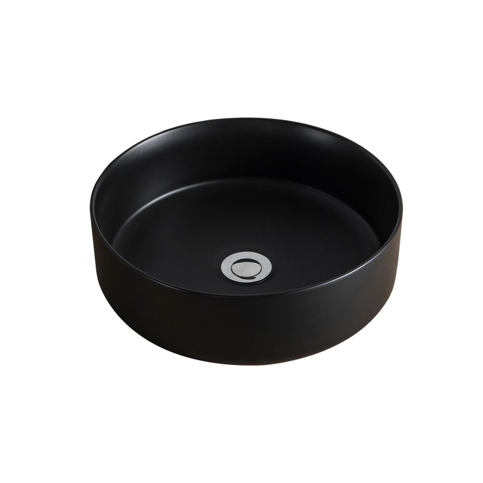 Ensemble complet salle de bain 70cm chêne naturel avec vasque ronde noire, robinet et miroir ATOLL
