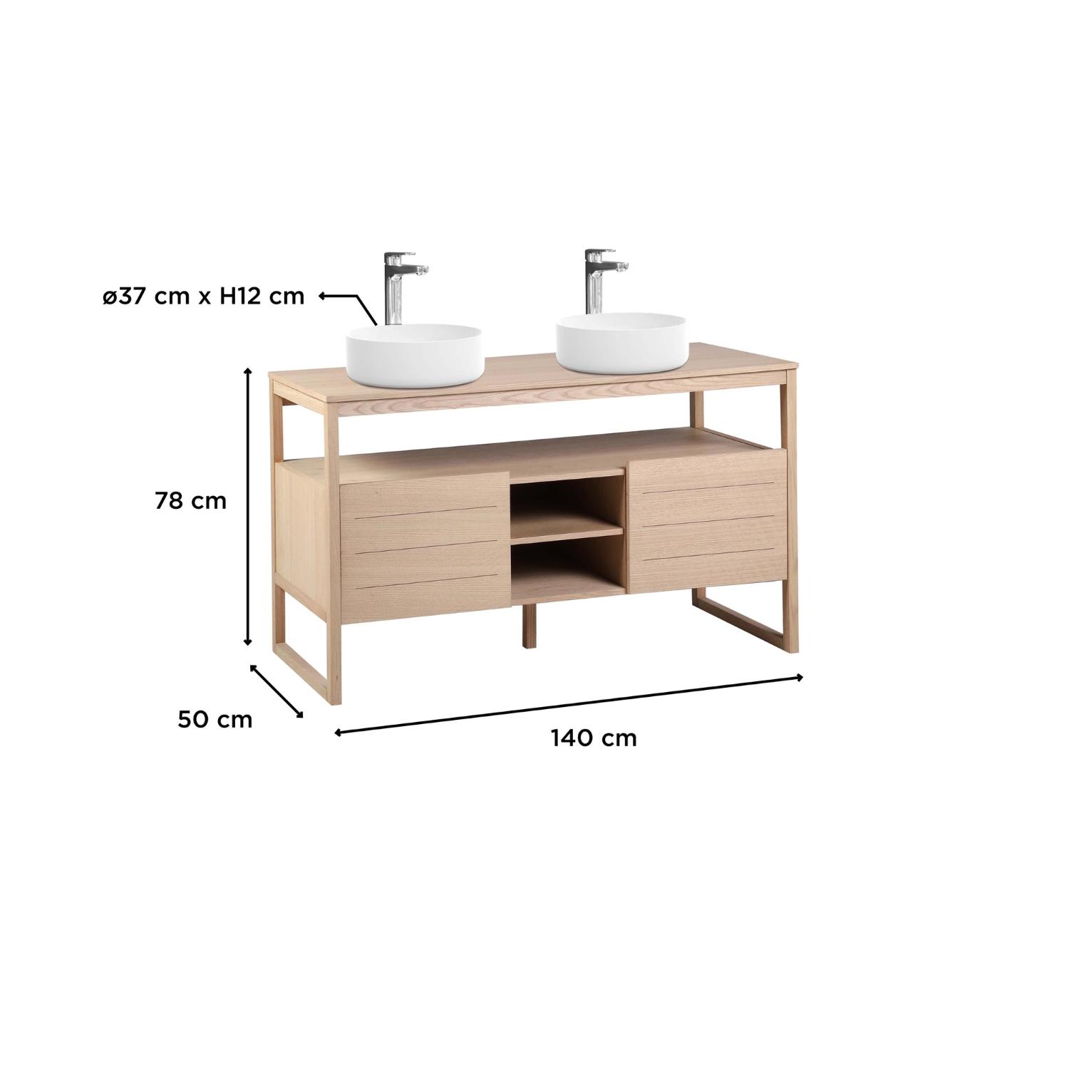 Ensemble meuble double vasque 140cm chêne naturel avec vasques rondes blanches et robinets