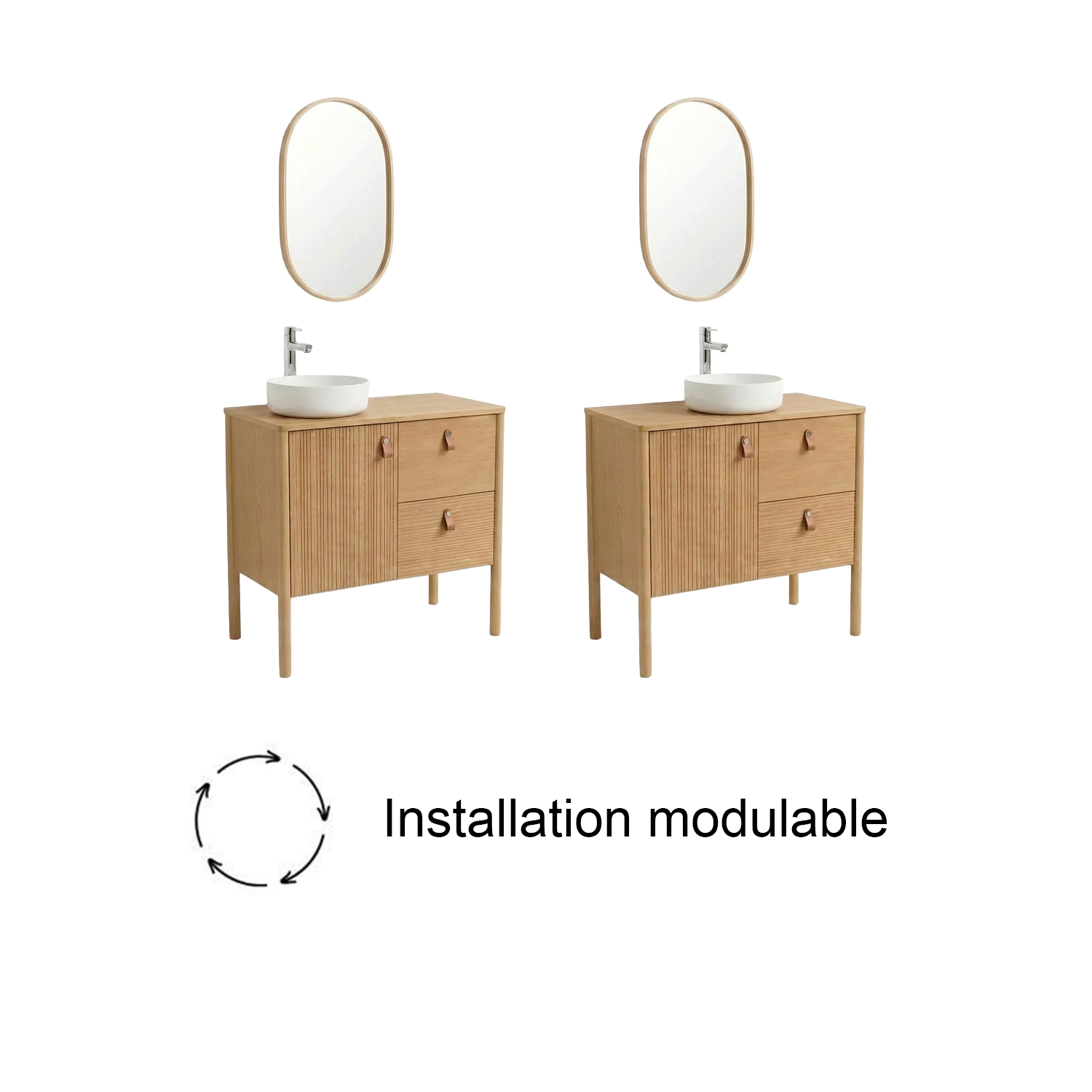 Ensemble simple vasque 80 cm sur pieds en placage chêne avec vasque en céramique blanche, robinet et miroir ovale