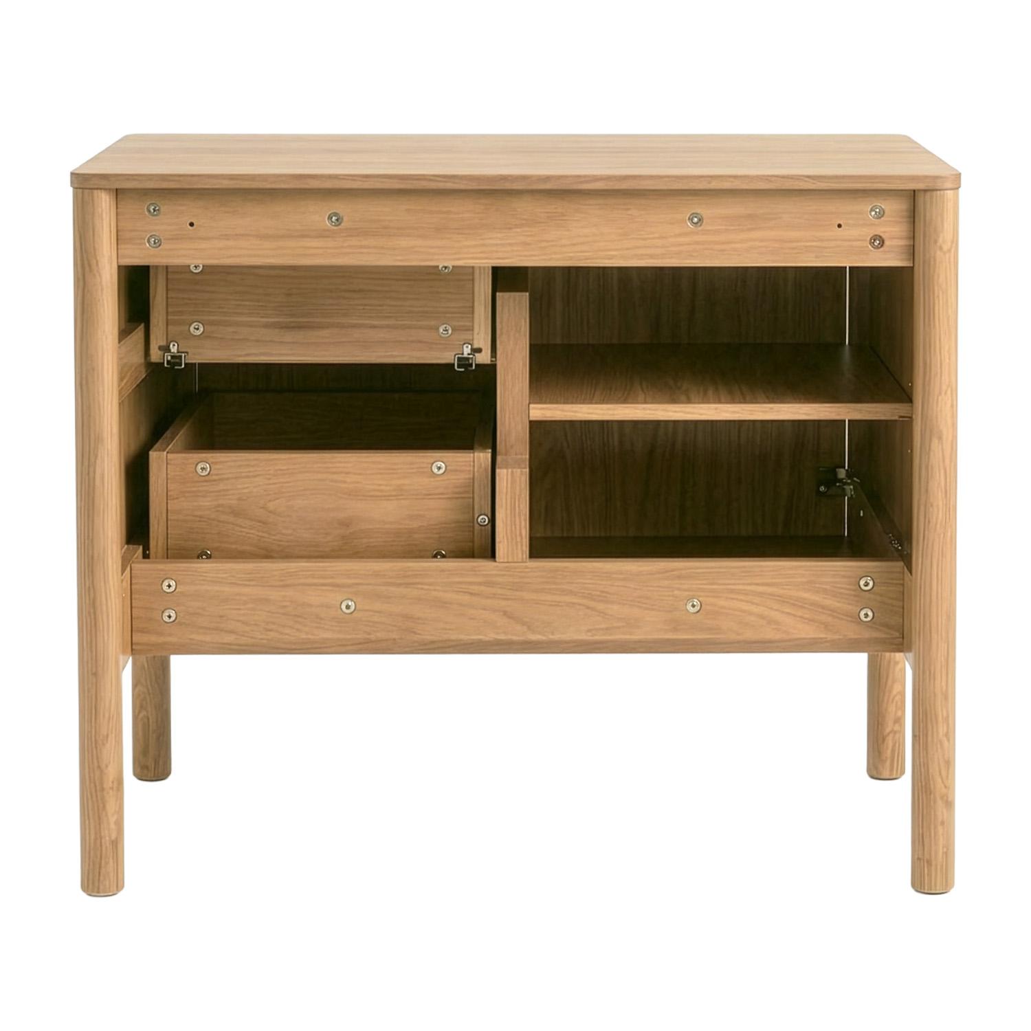 Ensemble simple vasque 80 cm sur pieds en placage chêne avec vasque en céramique blanche, robinet et miroir ovale