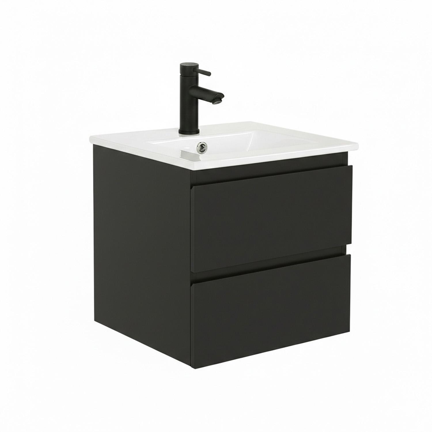 Ensemble meuble simple vasque 45cm avec plan céramique et robinet noir
