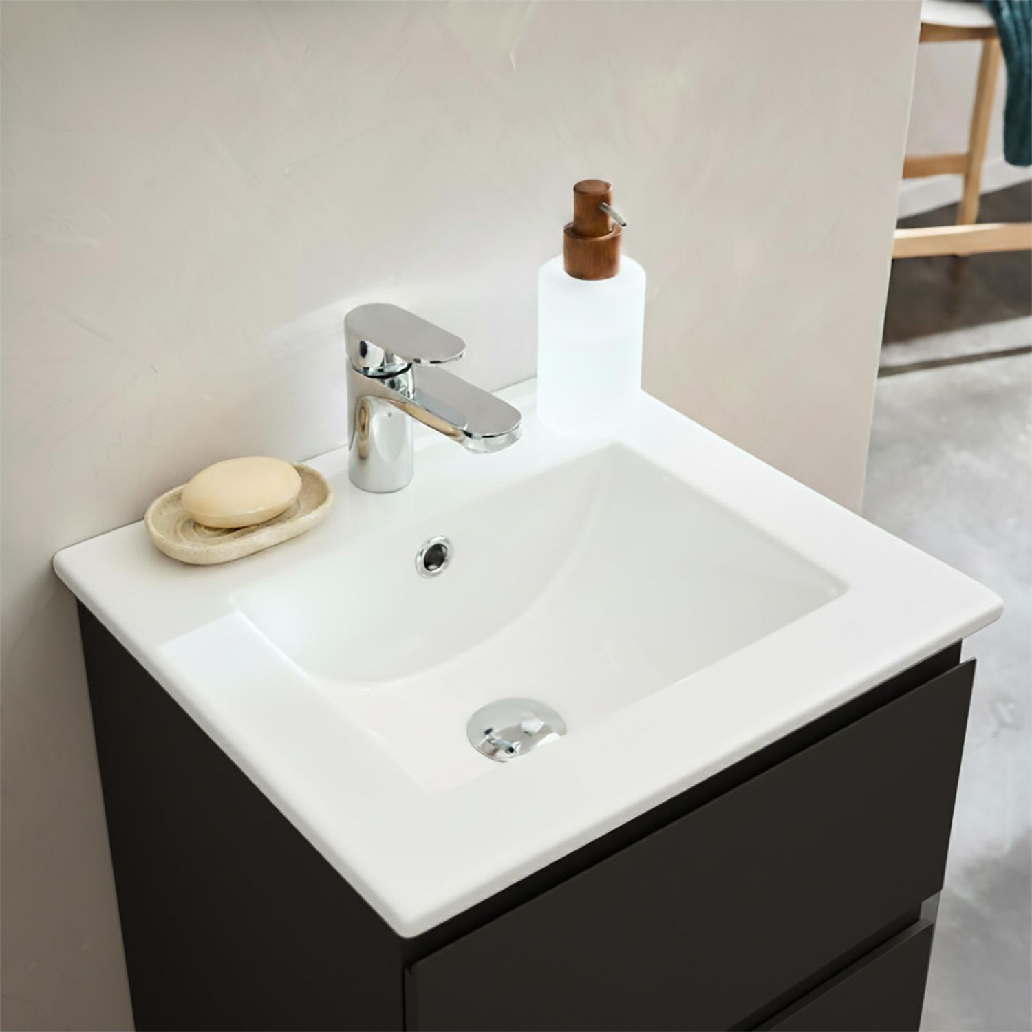 Ensemble meuble simple vasque 45cm avec plan céramique et robinet chromé et miroir ovale
