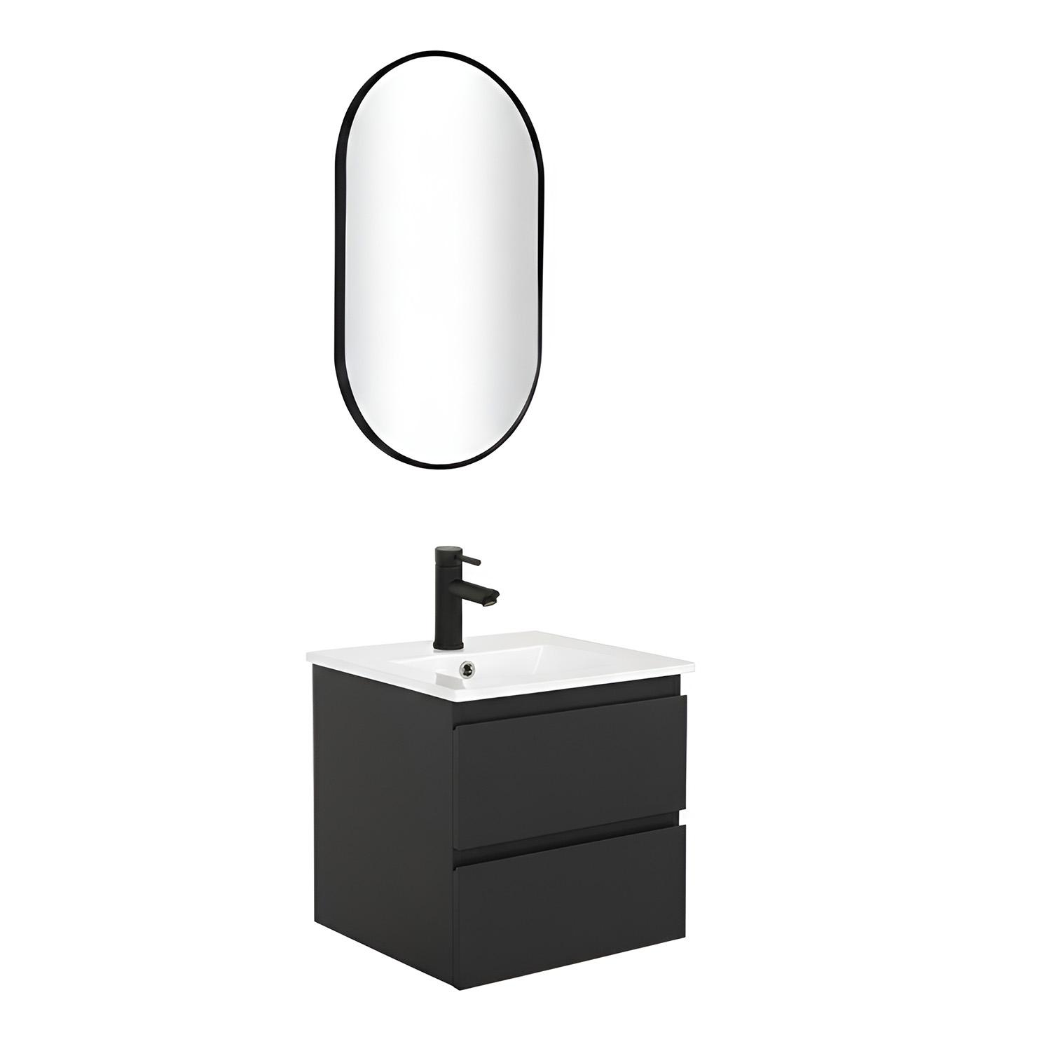 Ensemble meuble simple vasque 45cm avec plan céramique, robinet noir et miroir ovale