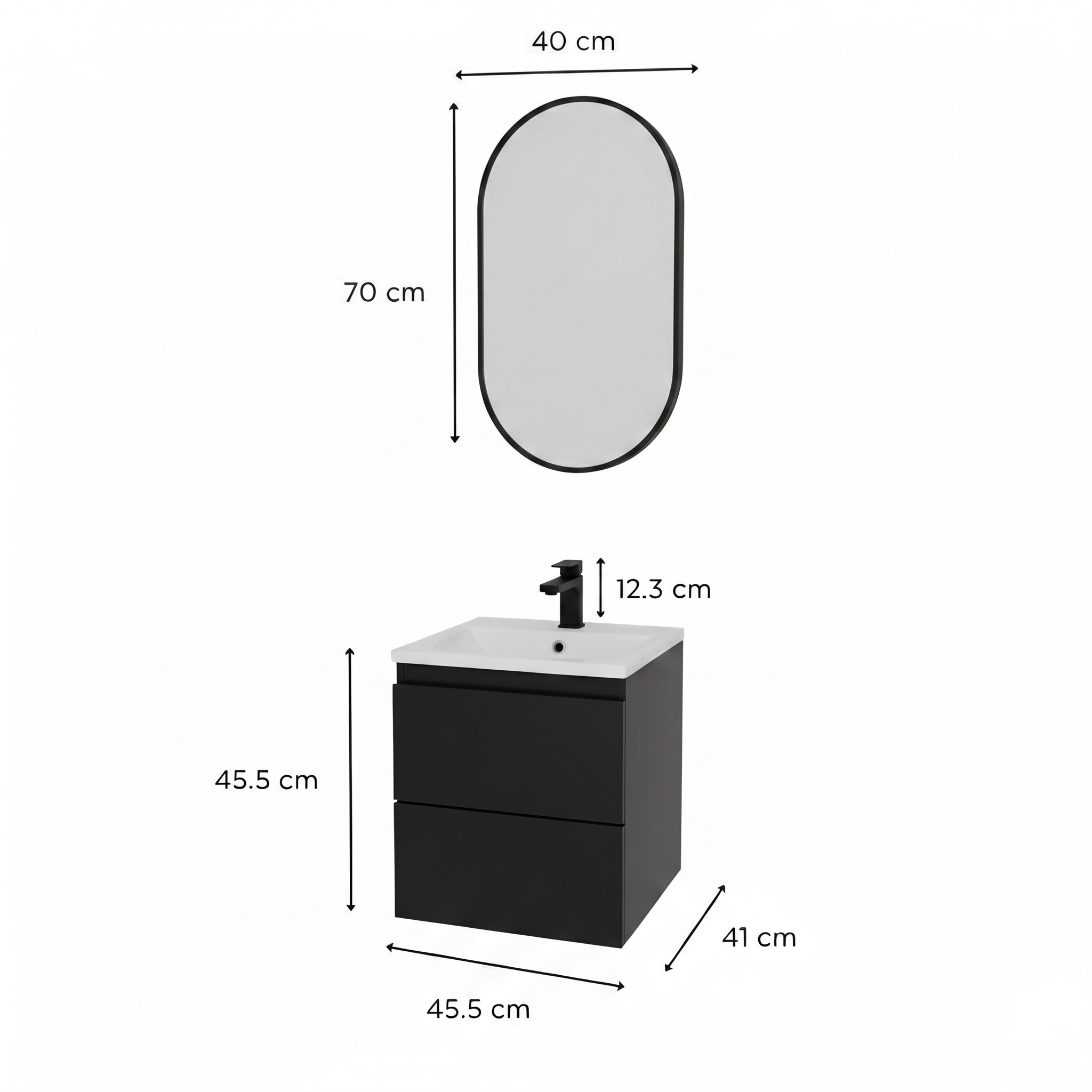Ensemble meuble simple vasque 45cm avec plan céramique, robinet noir et miroir ovale