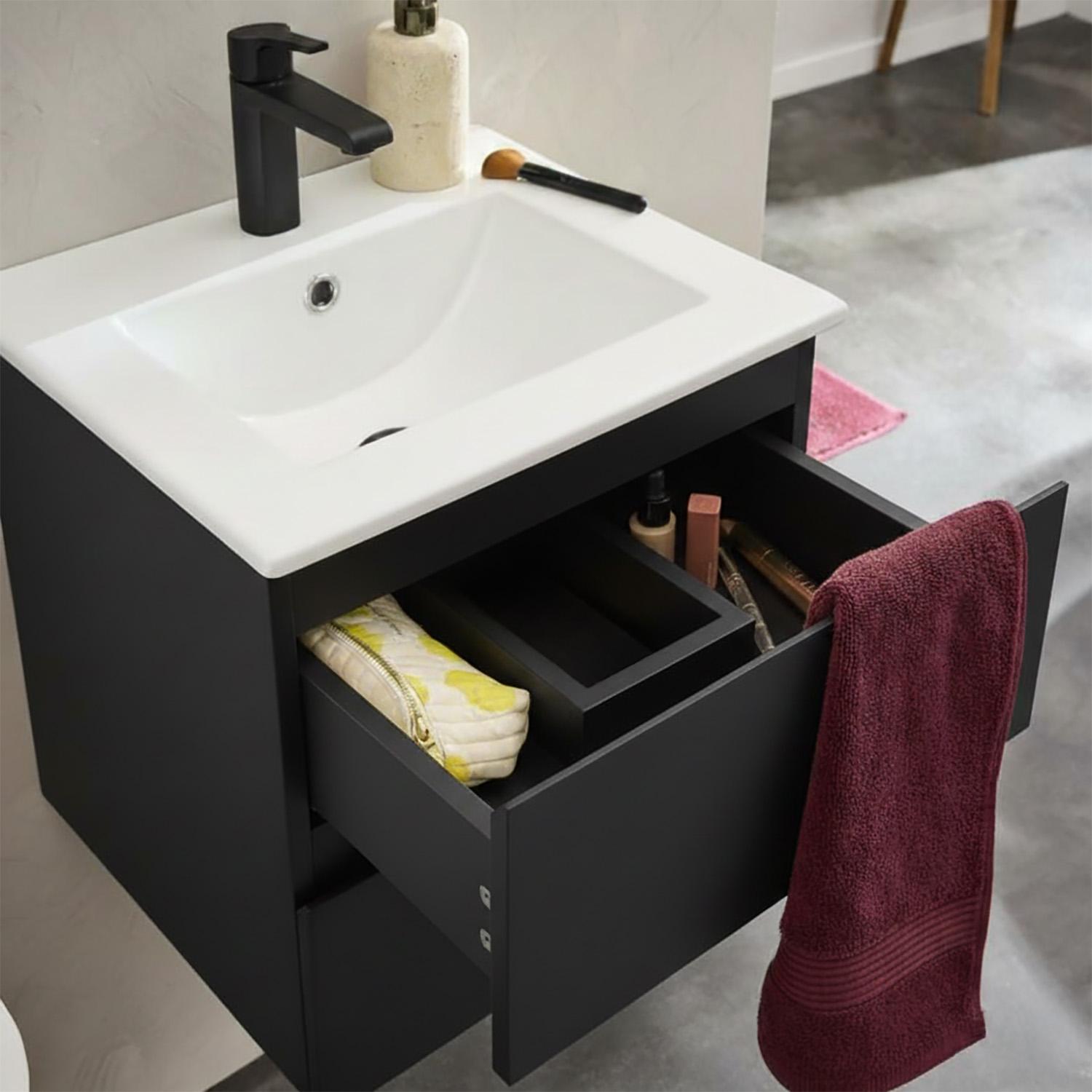 Ensemble meuble simple vasque 45cm avec plan céramique, robinet noir et miroir ovale