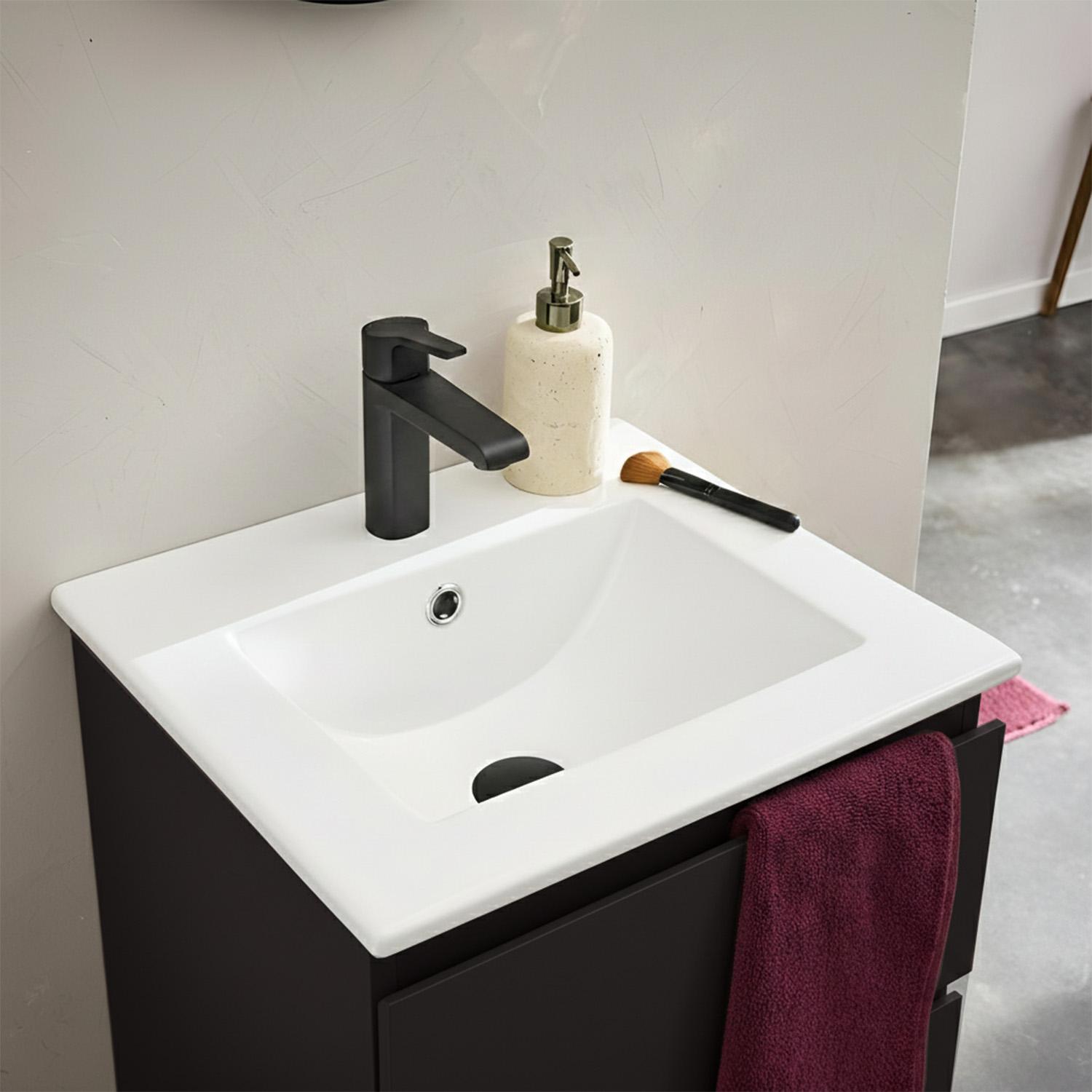 Ensemble meuble simple vasque 45cm avec plan céramique, robinet noir et miroir ovale