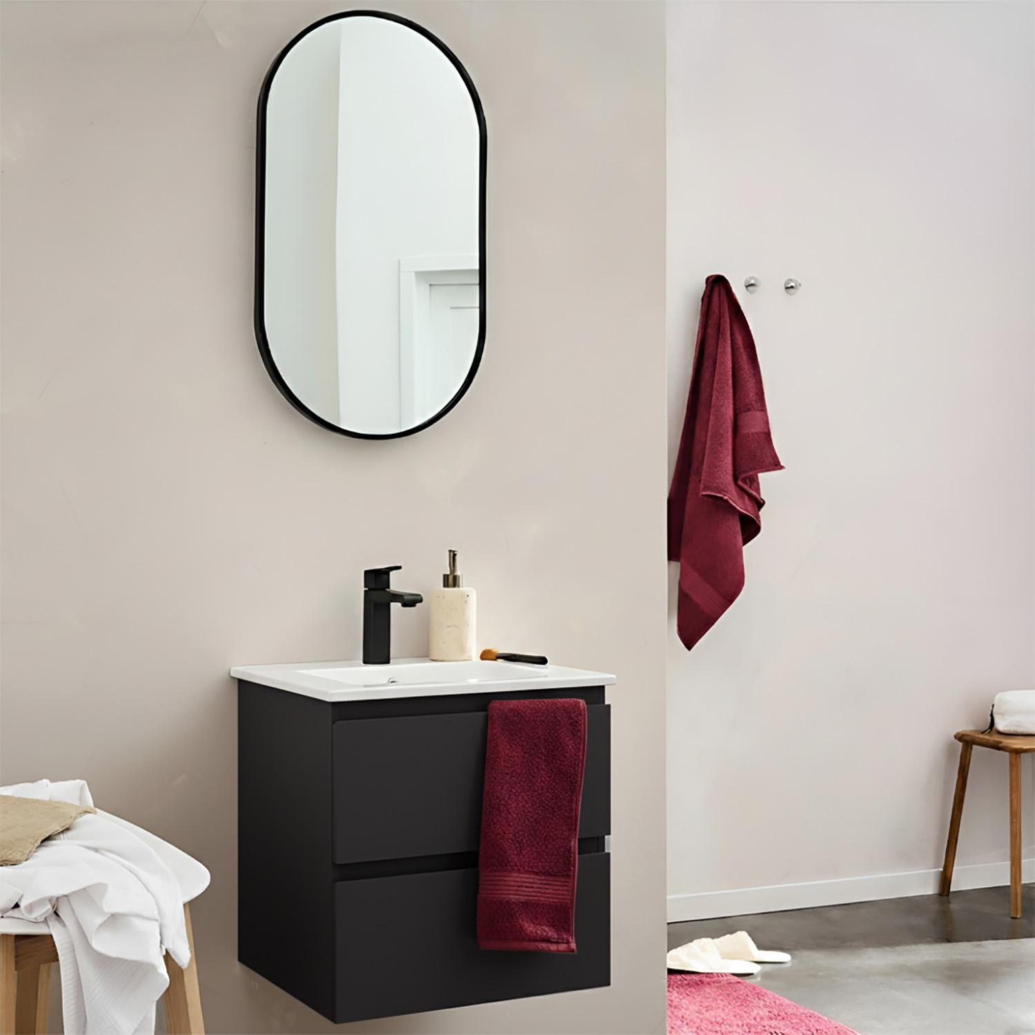 Ensemble meuble simple vasque 45cm avec plan céramique, robinet noir et miroir ovale
