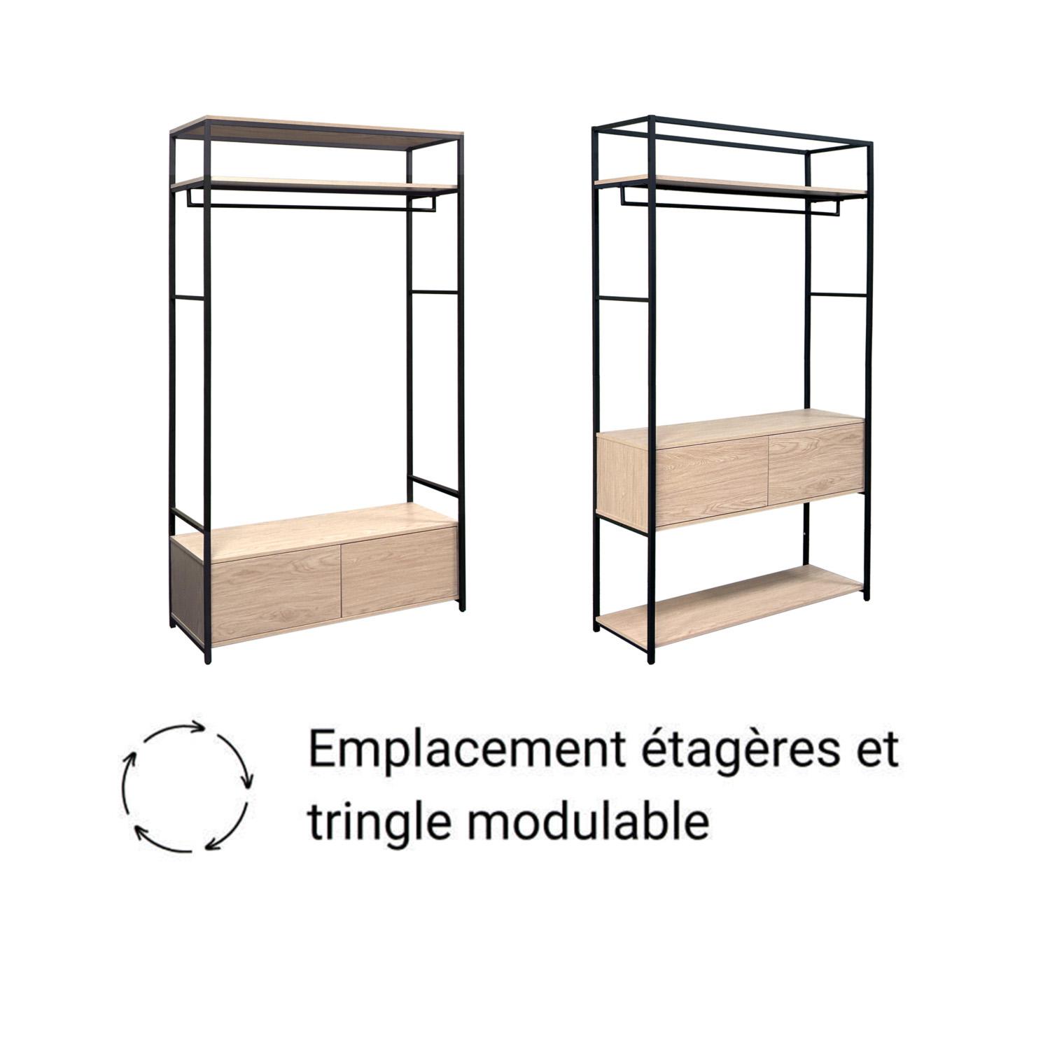 Portant vêtements en bois et métal noir 100x200cm - avec penderie et tiroir
