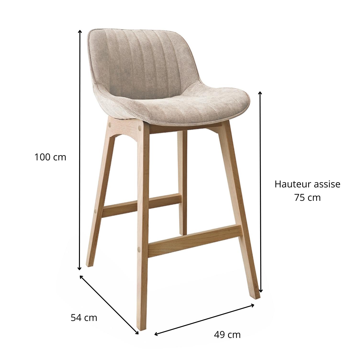 Lot de tabourets de bar en chêne et assise tissu velours côtelé H75cm