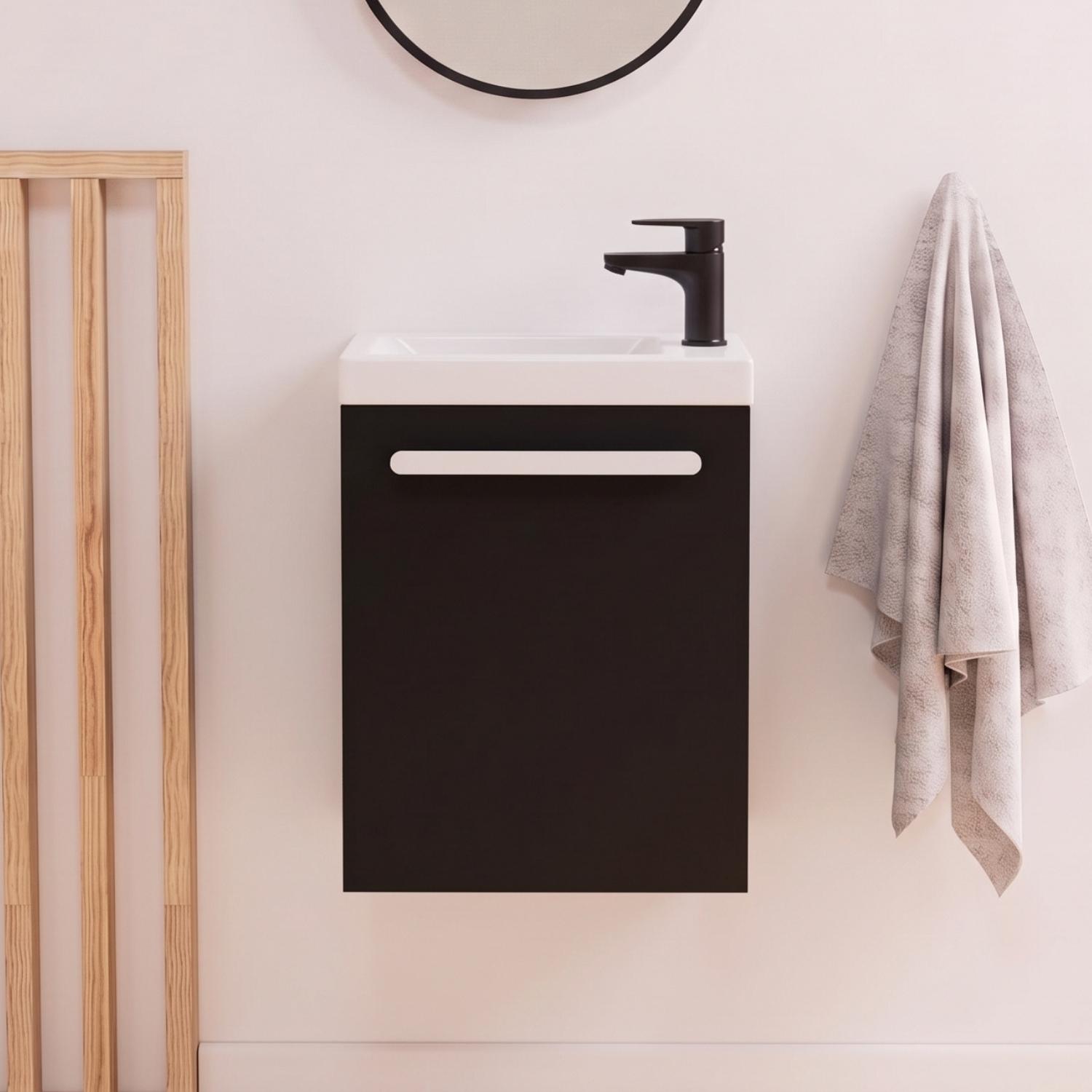 Ensemble lave-mains suspendu avec poignée métal et robinet noir