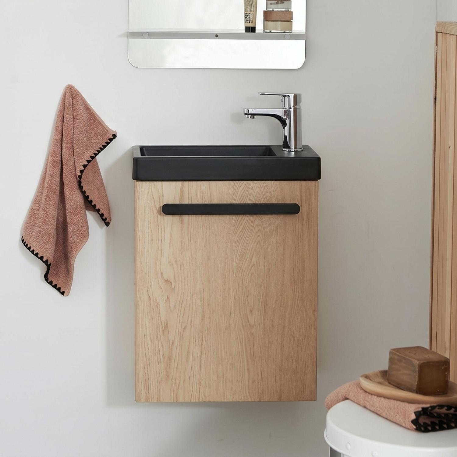 Meuble lave-mains suspendu avec poignée porte serviette