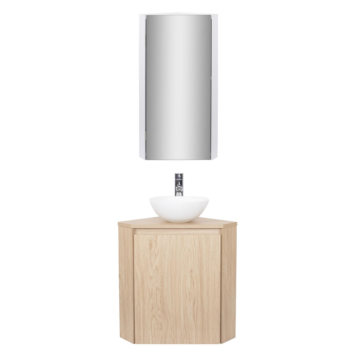 Ensemble lave-mains d'angle avec vasque, robinet et armoire de toilette
