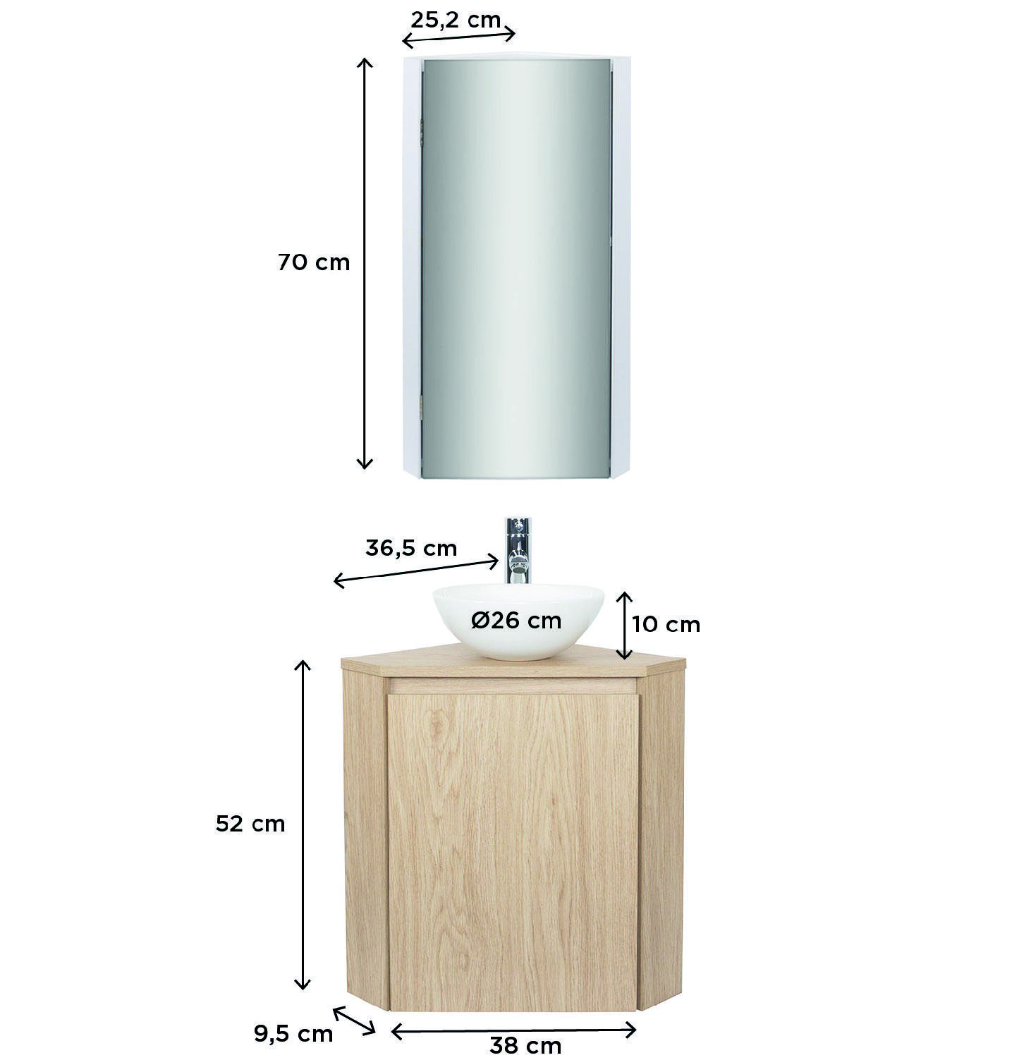 Ensemble lave-mains d'angle avec vasque, robinet et armoire de toilette