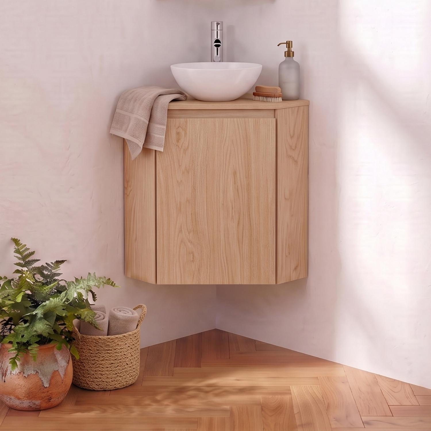 Meuble lave-mains d'angle décor chêne 52x38cm - sans vasque