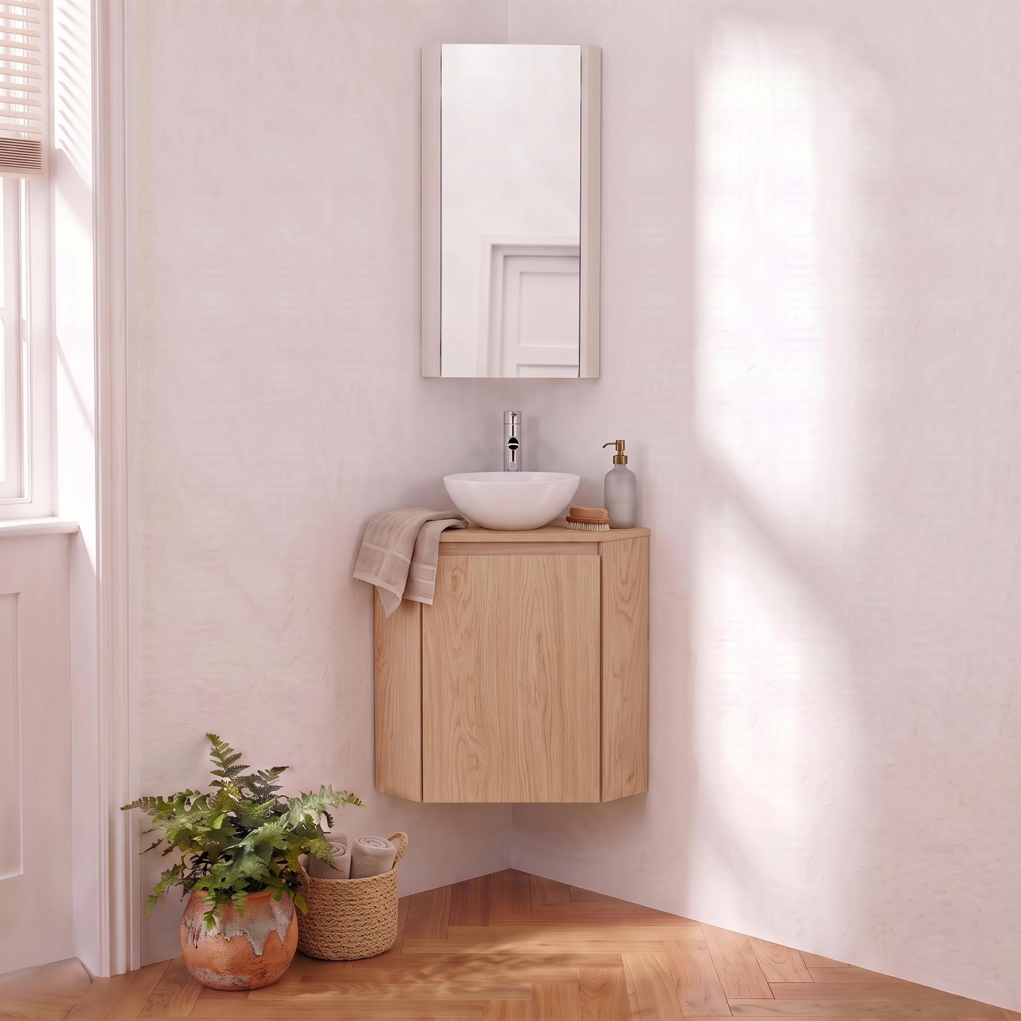 Meuble lave-mains d'angle décor chêne 52x38cm - sans vasque