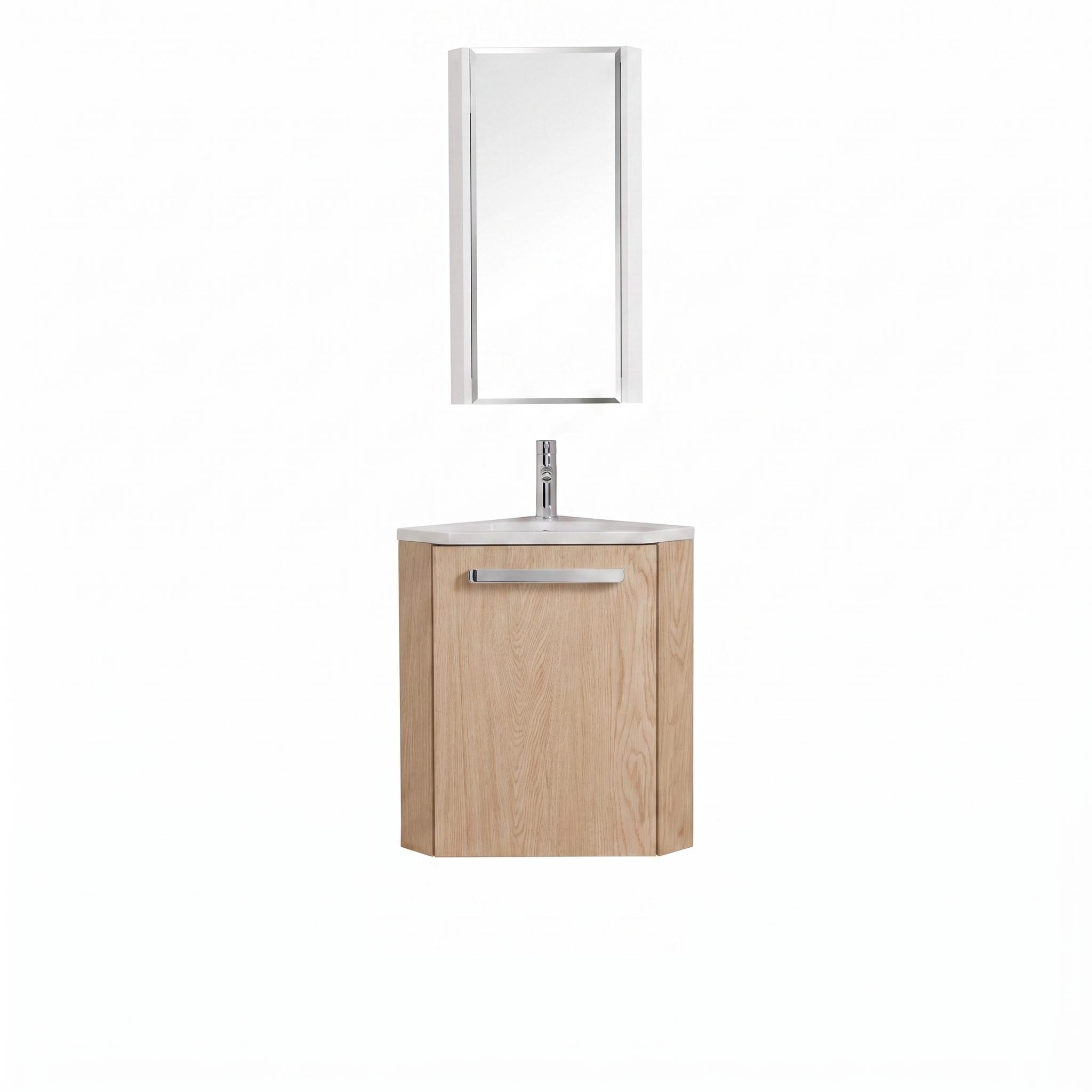 Ensemble lave-mains angle suspendu avec robinet et armoire d'angle décor chêne