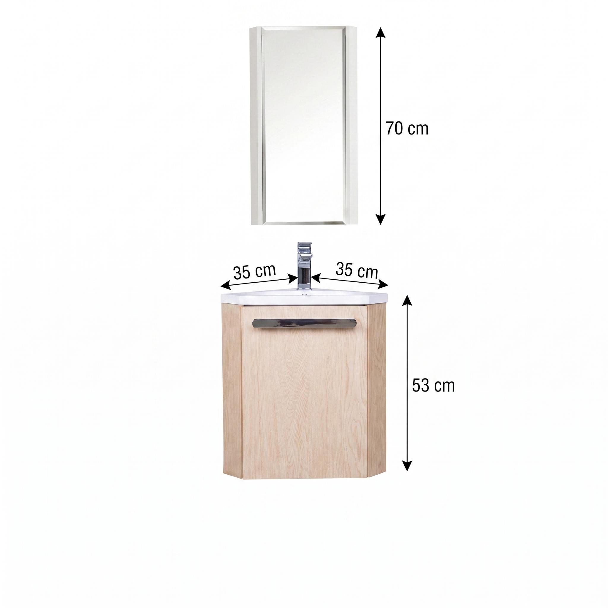 Ensemble lave-mains angle suspendu avec robinet et armoire d'angle décor chêne