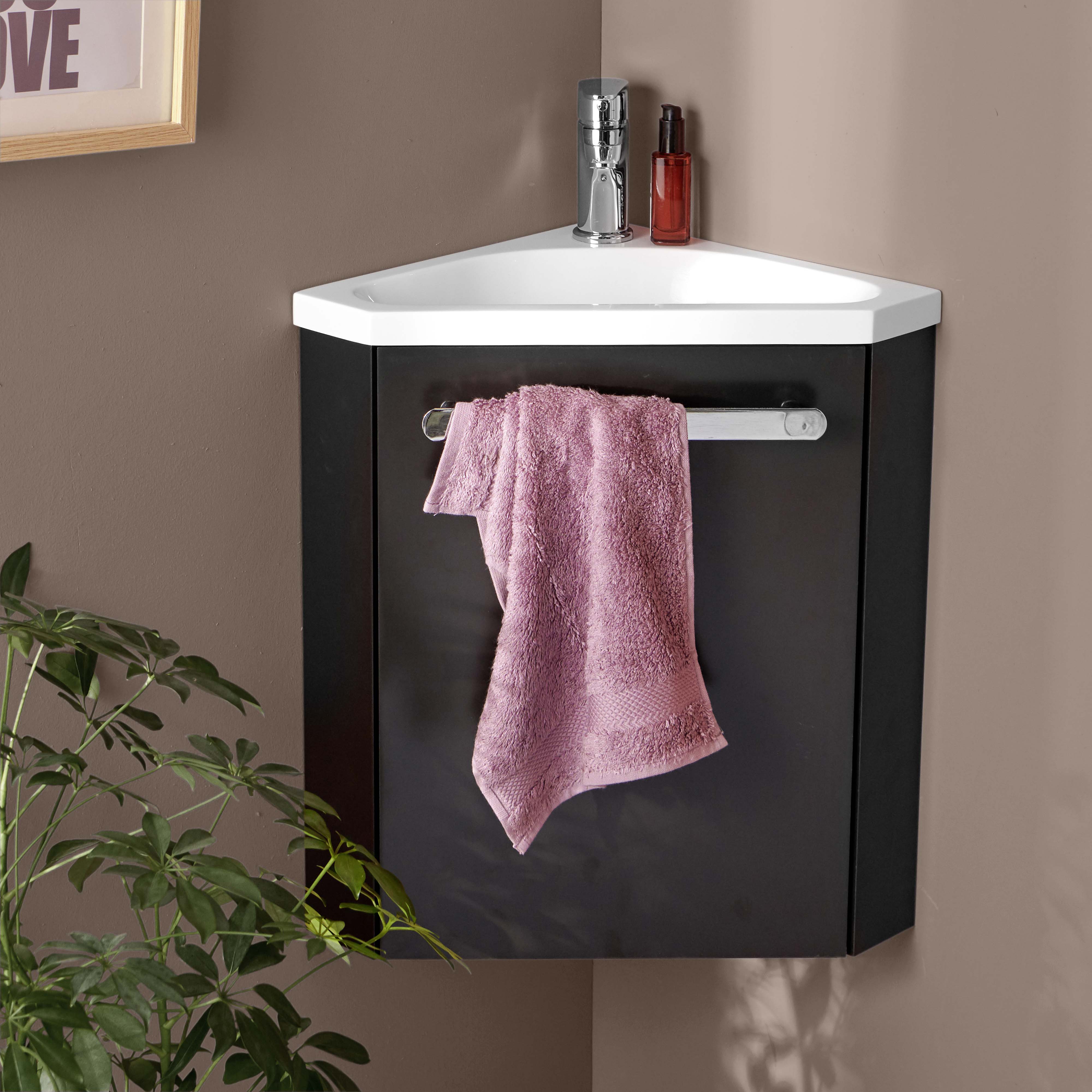 Ensemble lave-mains angle suspendu avec robinet et armoire d'angle