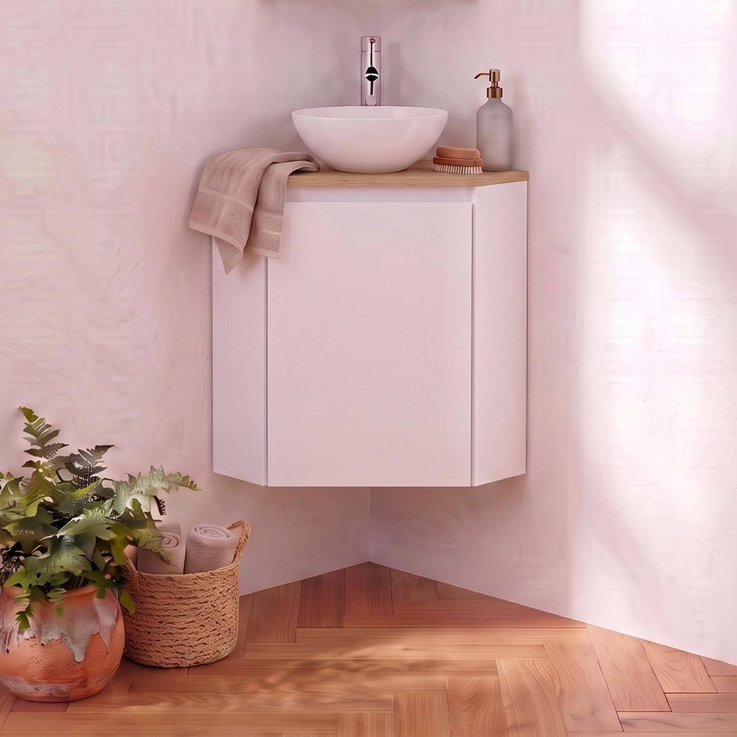 Meuble lave-mains d'angle décor chêne 52x38cm - sans vasque