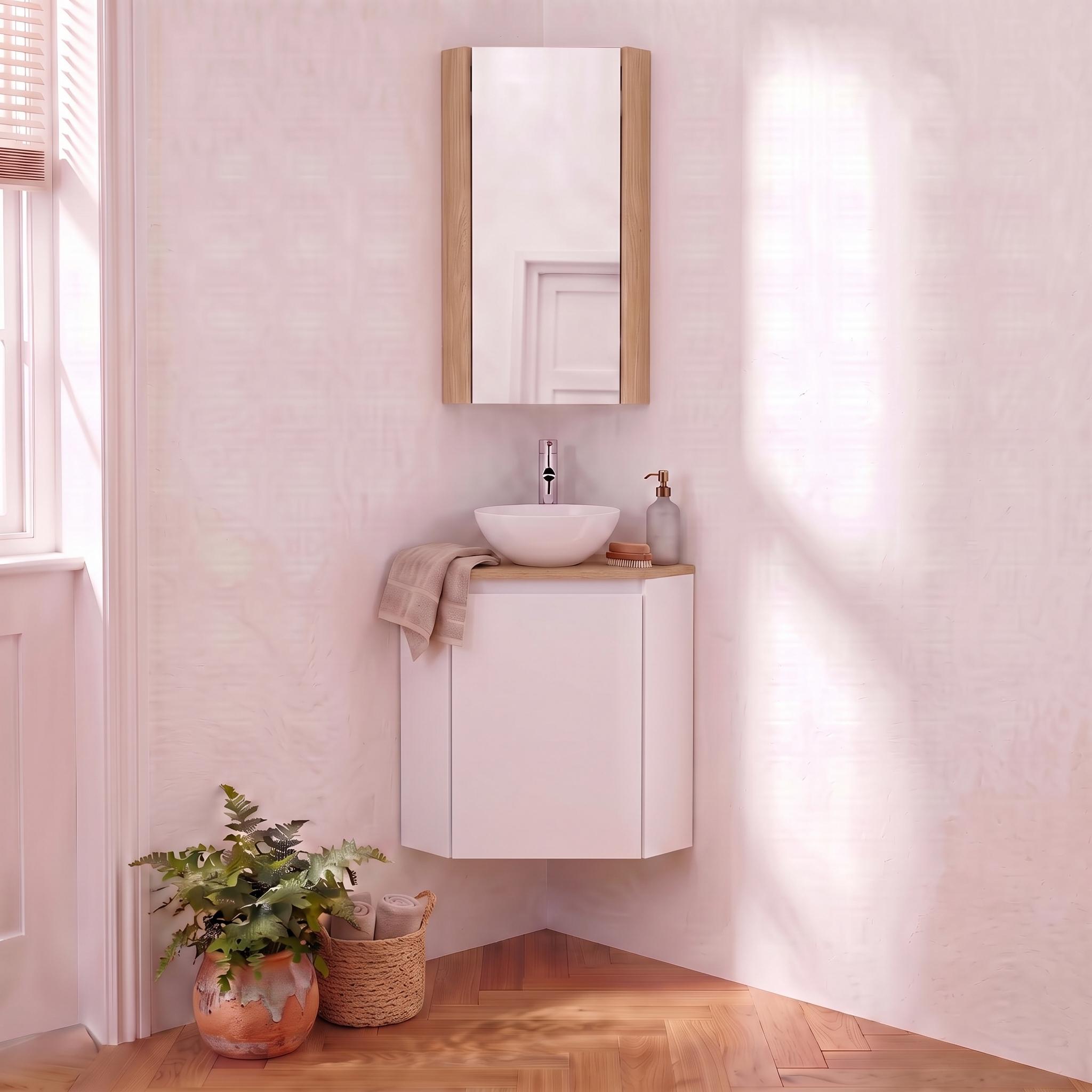Meuble lave-mains d'angle décor chêne 52x38cm - sans vasque