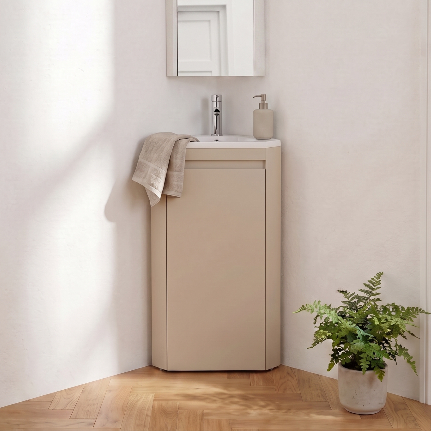 Meuble lave-mains d'angle sur pieds avec vasque en résine