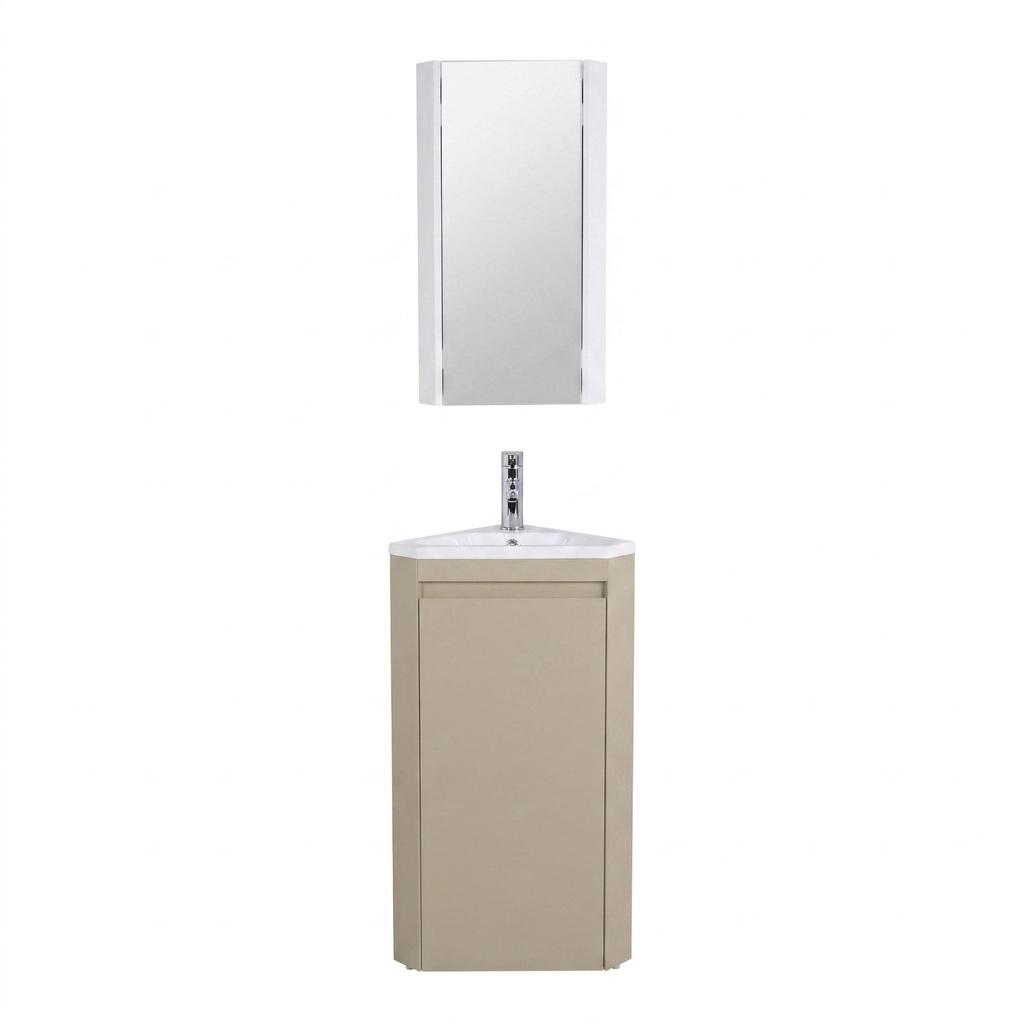 Ensemble lave-mains d'angle sur pieds avec robinet chromé et armoire de toilette