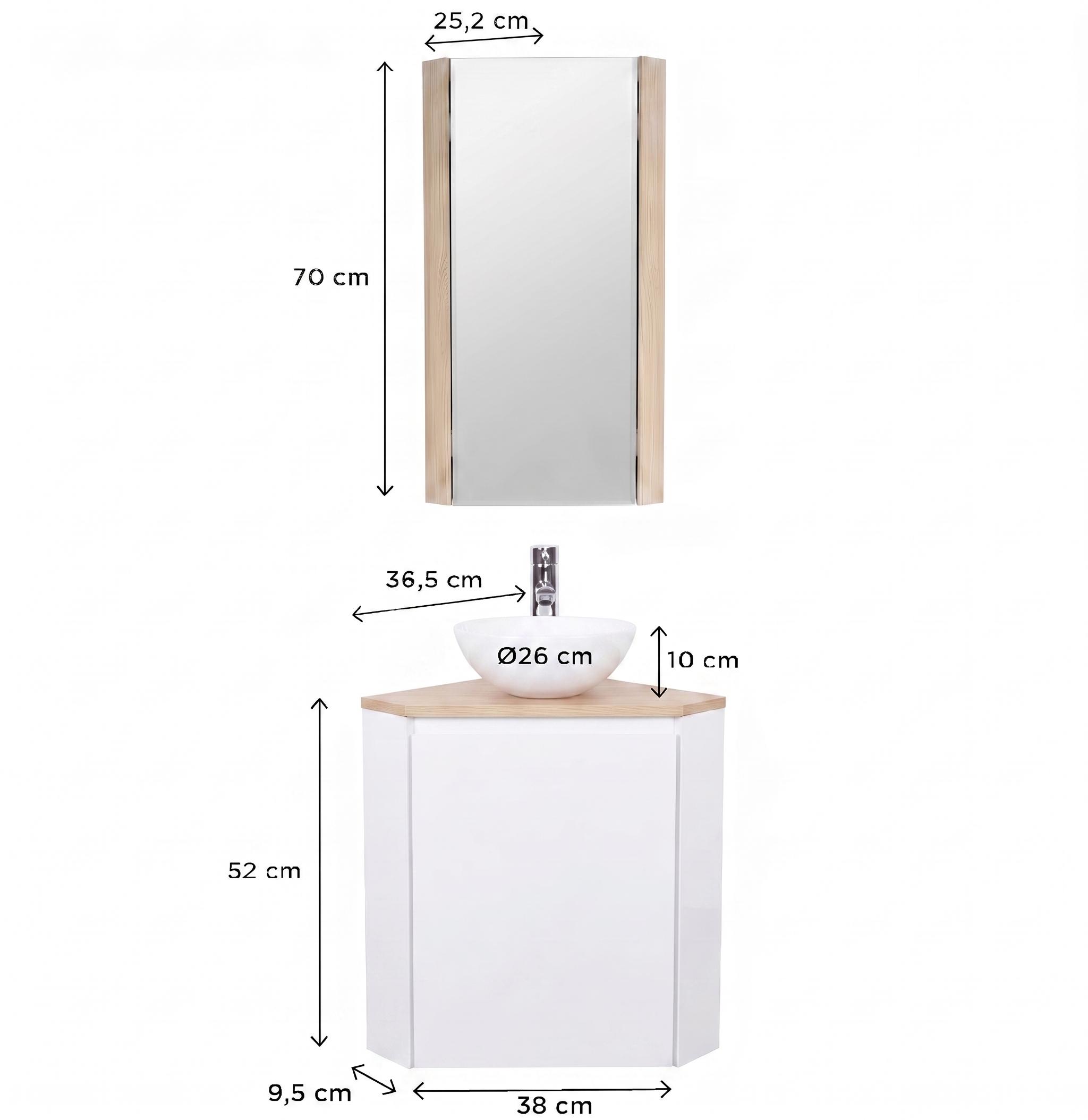 Ensemble lave-mains d'angle avec vasque, robinet et armoire de toilette