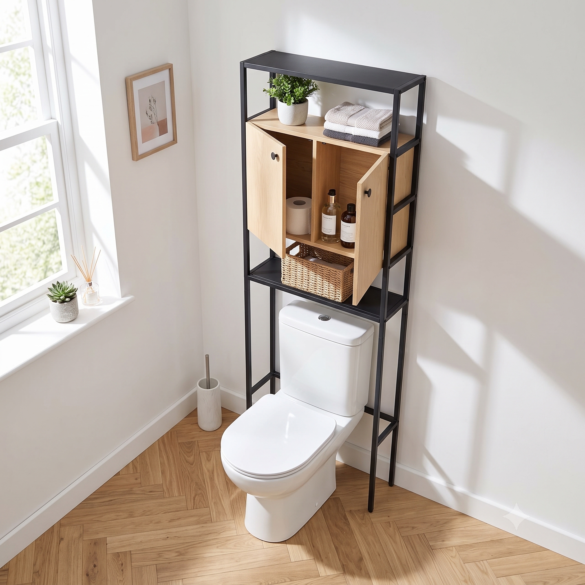 Etagère pont WC bois et métal noir - avec rangement fermé - 180x66cm