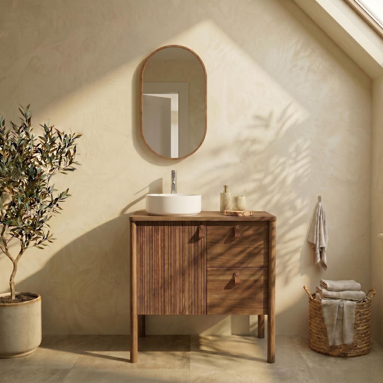Meuble simple vasque 80 cm sur pieds en placage chêne - pour vasque à poser 