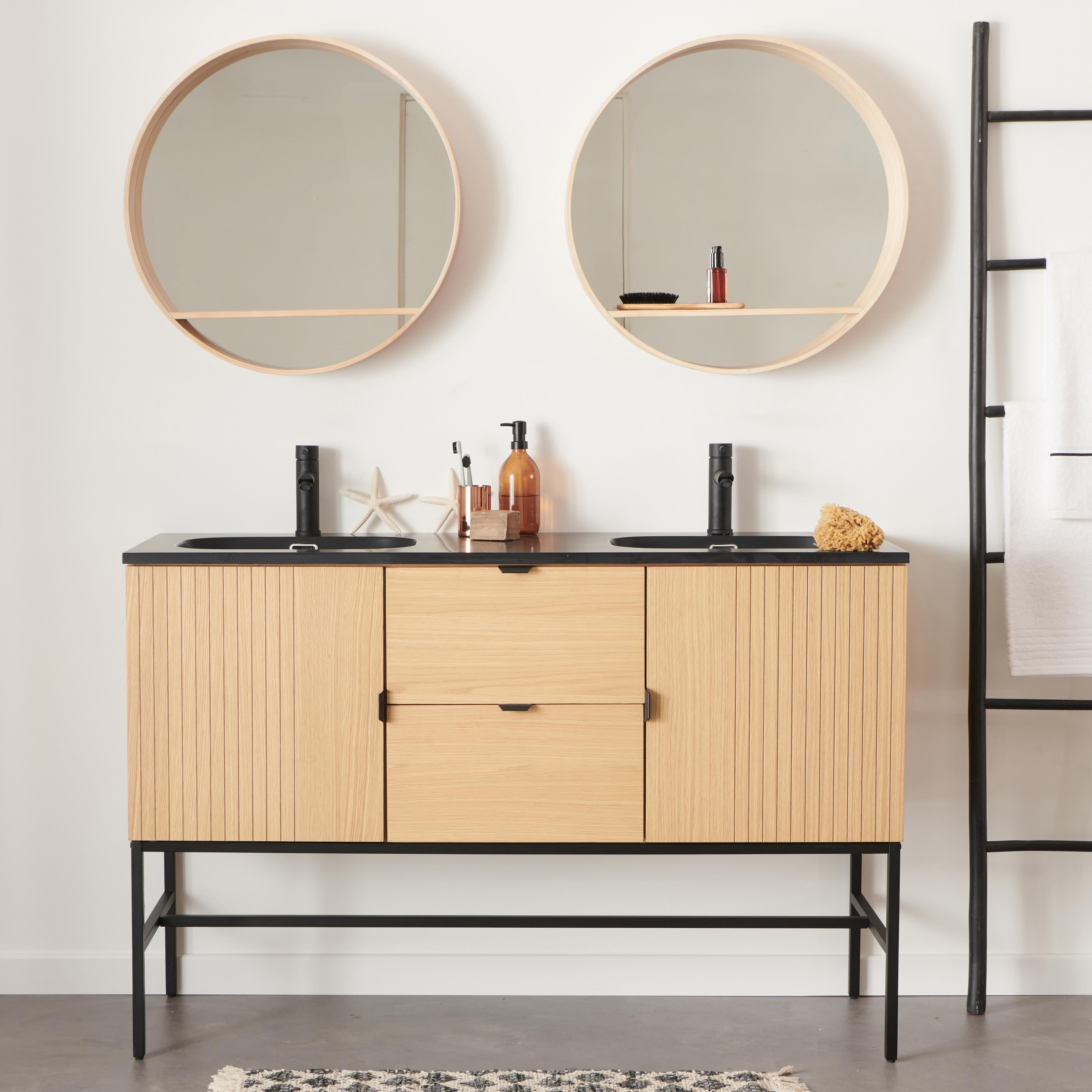 Meuble double vasque sur pieds en chêne 140 cm - avec plan double vasque noir en résine