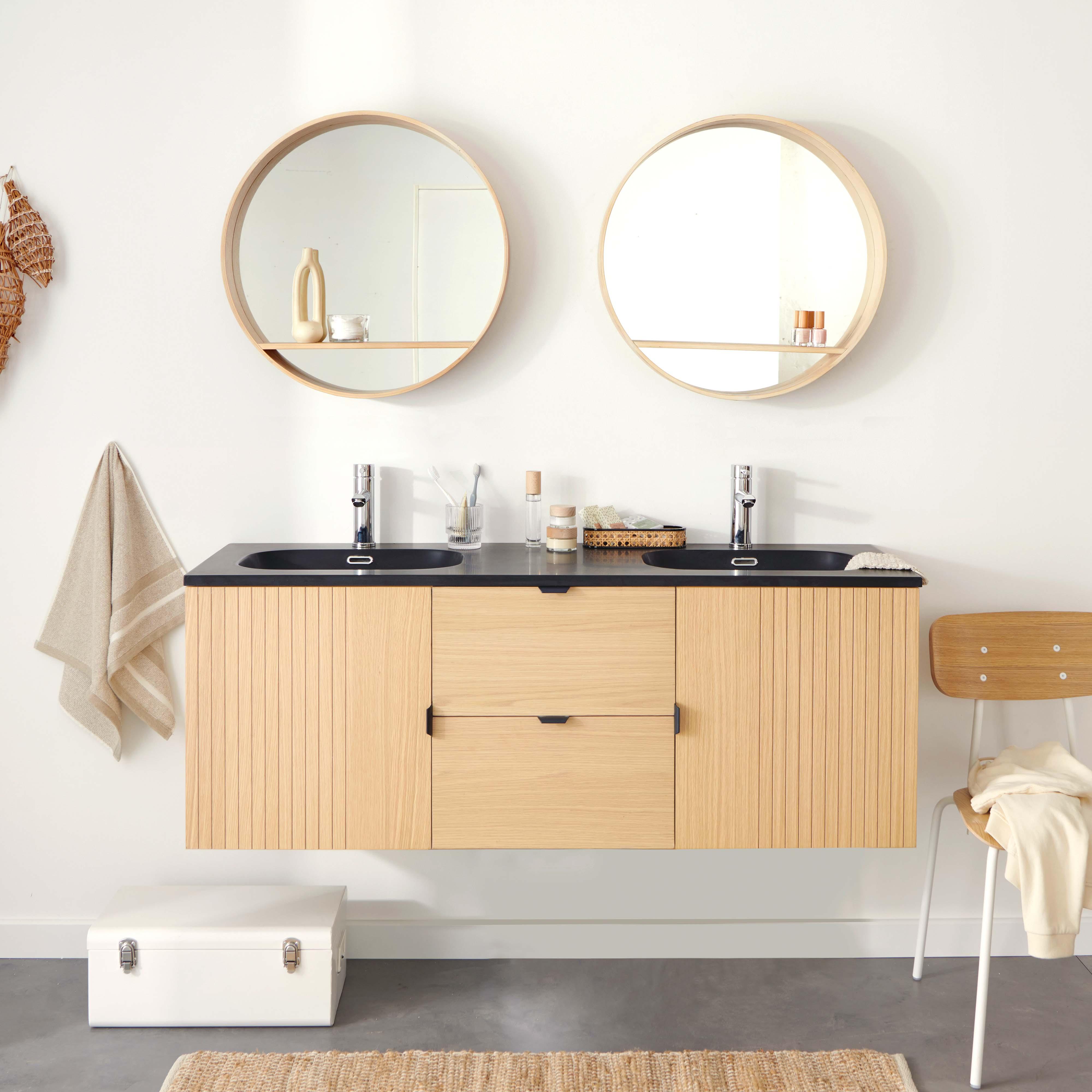 Meuble double vasque suspendu en chêne 140 cm - avec plan double vasque noir en résine
