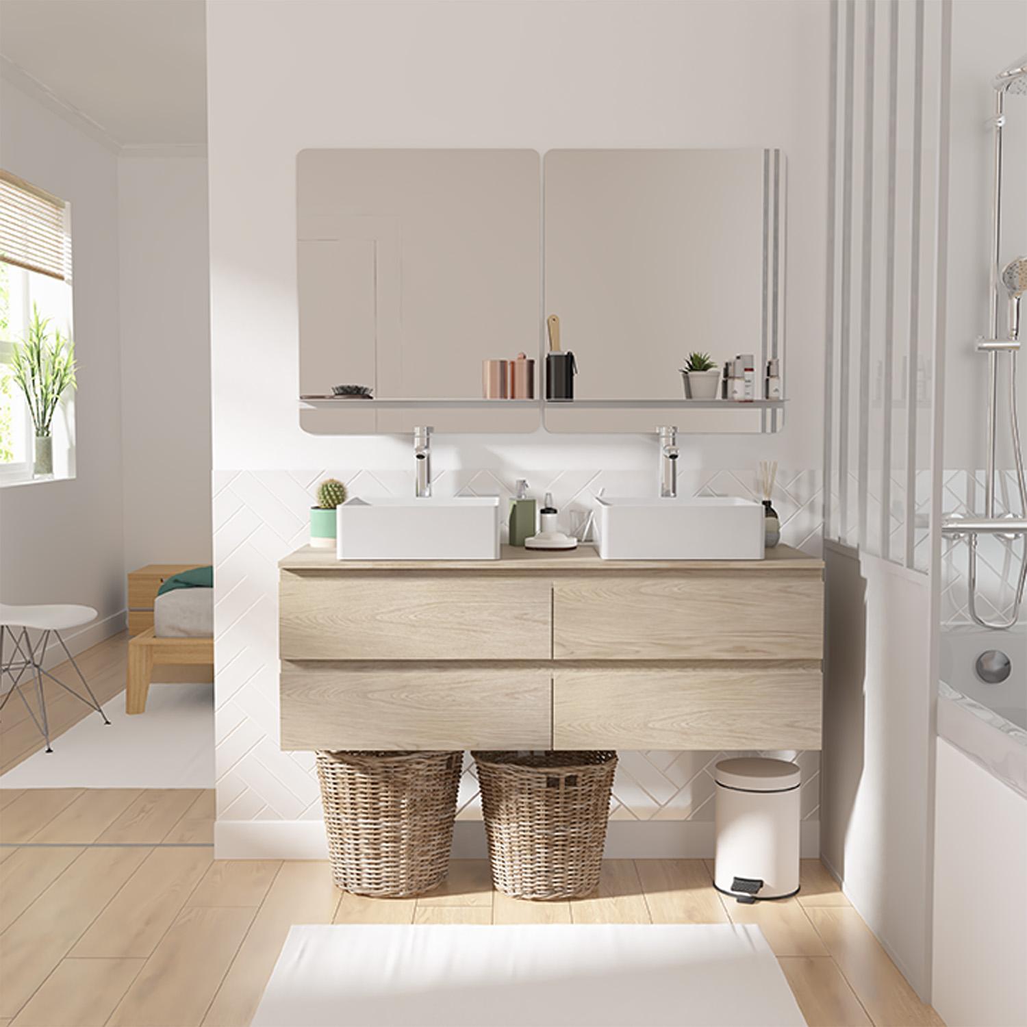 Meuble double vasque suspendu 120cm - avec plan vasque décor chêne - sans vasque