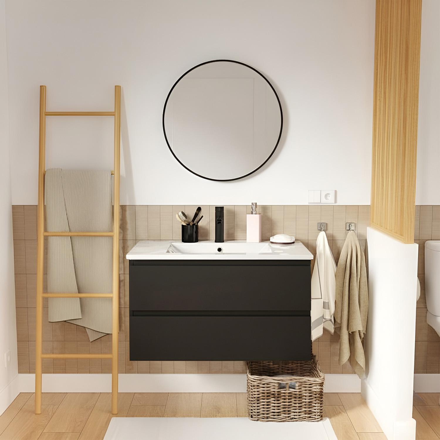 Meuble simple vasque suspendu 80cm - avec plan vasque céramique