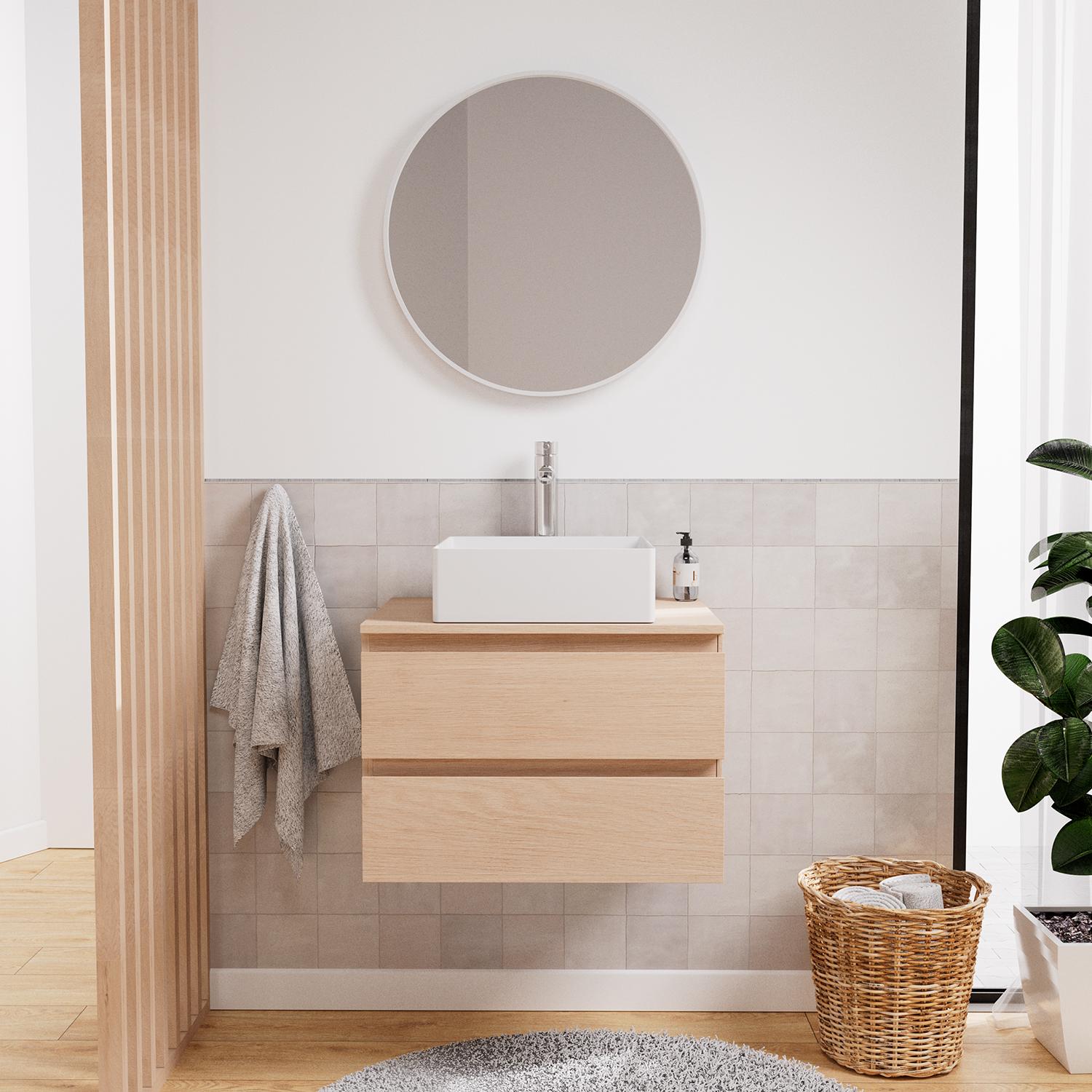 Meuble sous vasque suspendu 60cm - avec plan vasque décor chêne - sans vasque