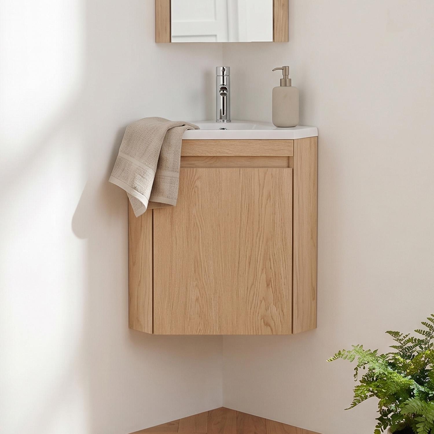 Meuble lave-mains d'angle suspendu avec vasque résine