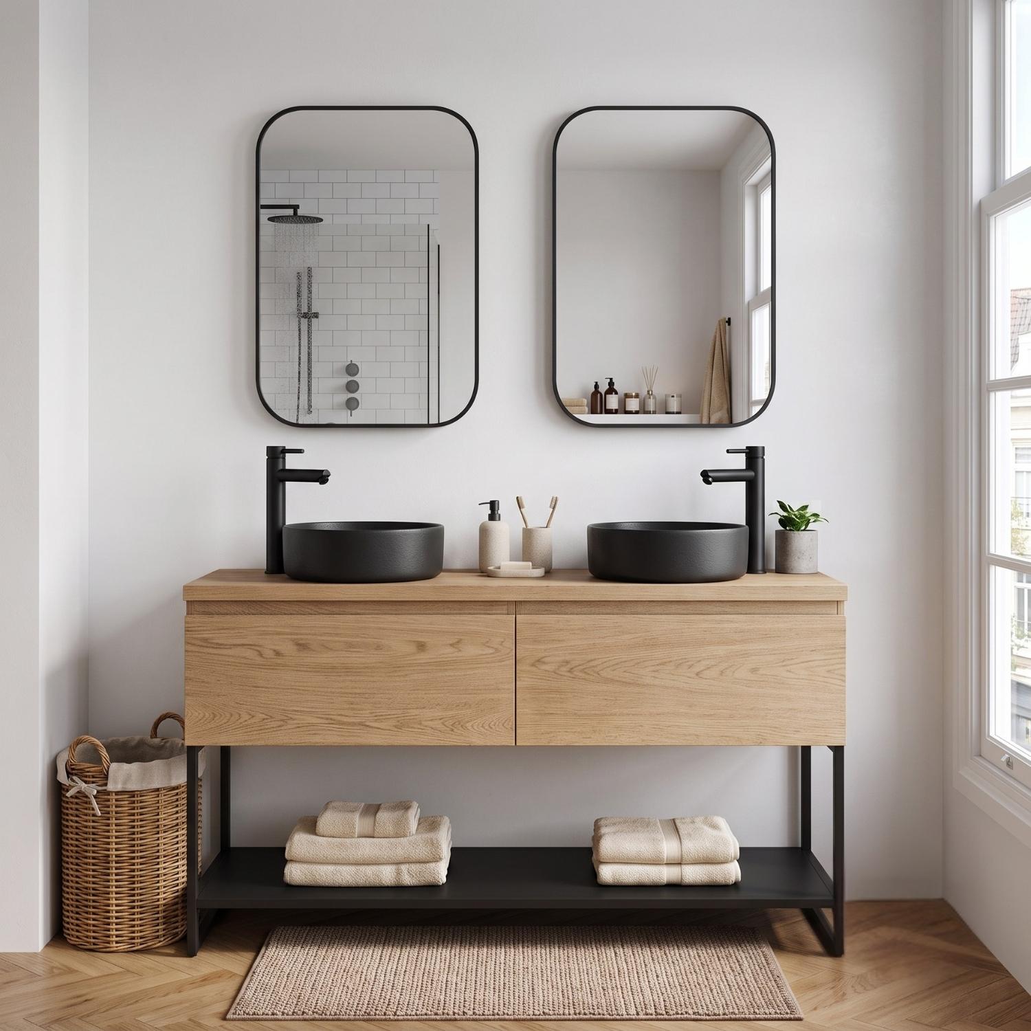 Meuble double vasque 120 cm décor chêne et pieds en métal noir - sans vasque