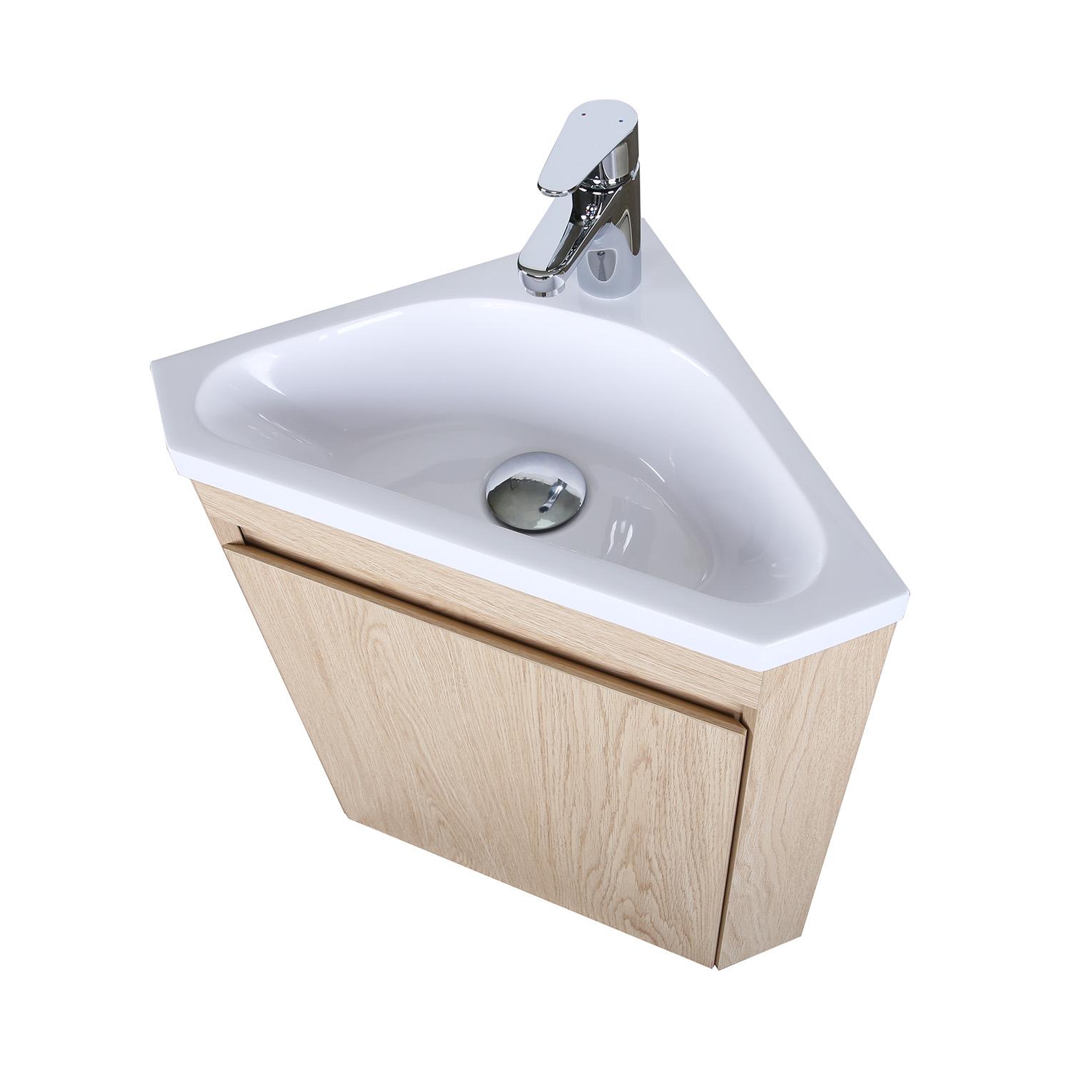 Ensemble lave-mains d'angle suspendu avec vasque résine et robinet chromé et armoire d'angle