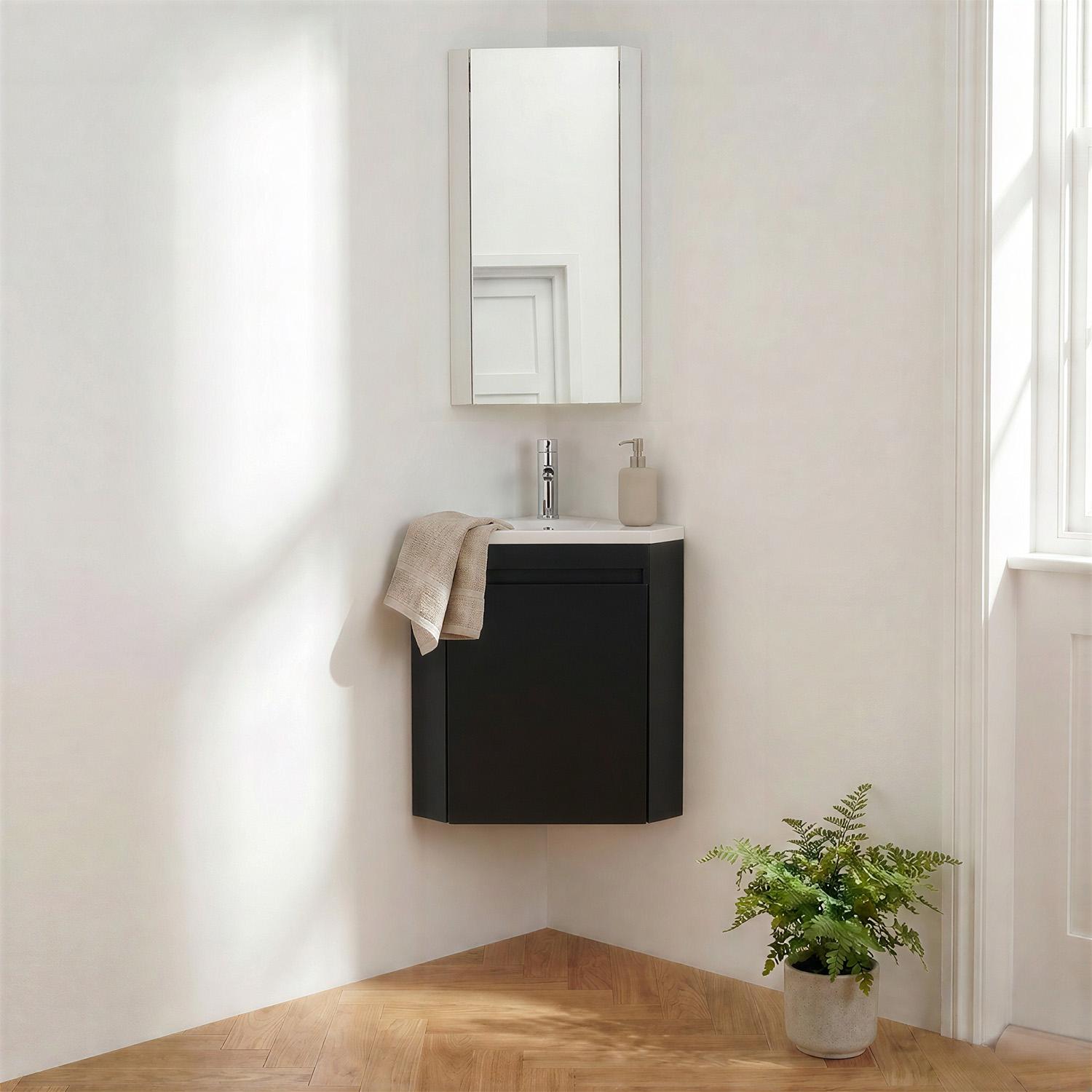 Ensemble lave-mains d'angle suspendu avec vasque résine et robinet chromé et armoire d'angle