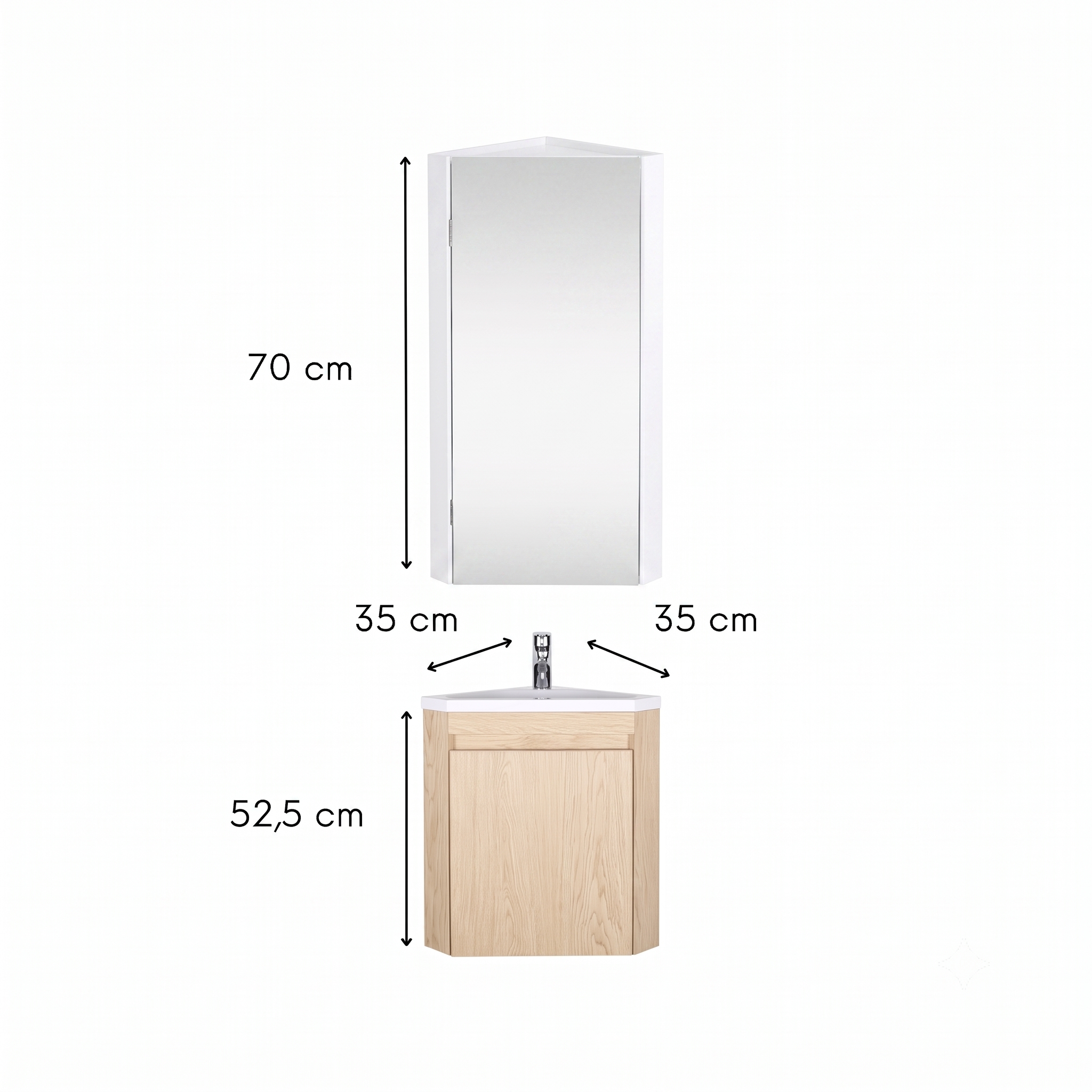 Ensemble lave-mains d'angle suspendu avec vasque résine et robinet chromé et armoire d'angle
