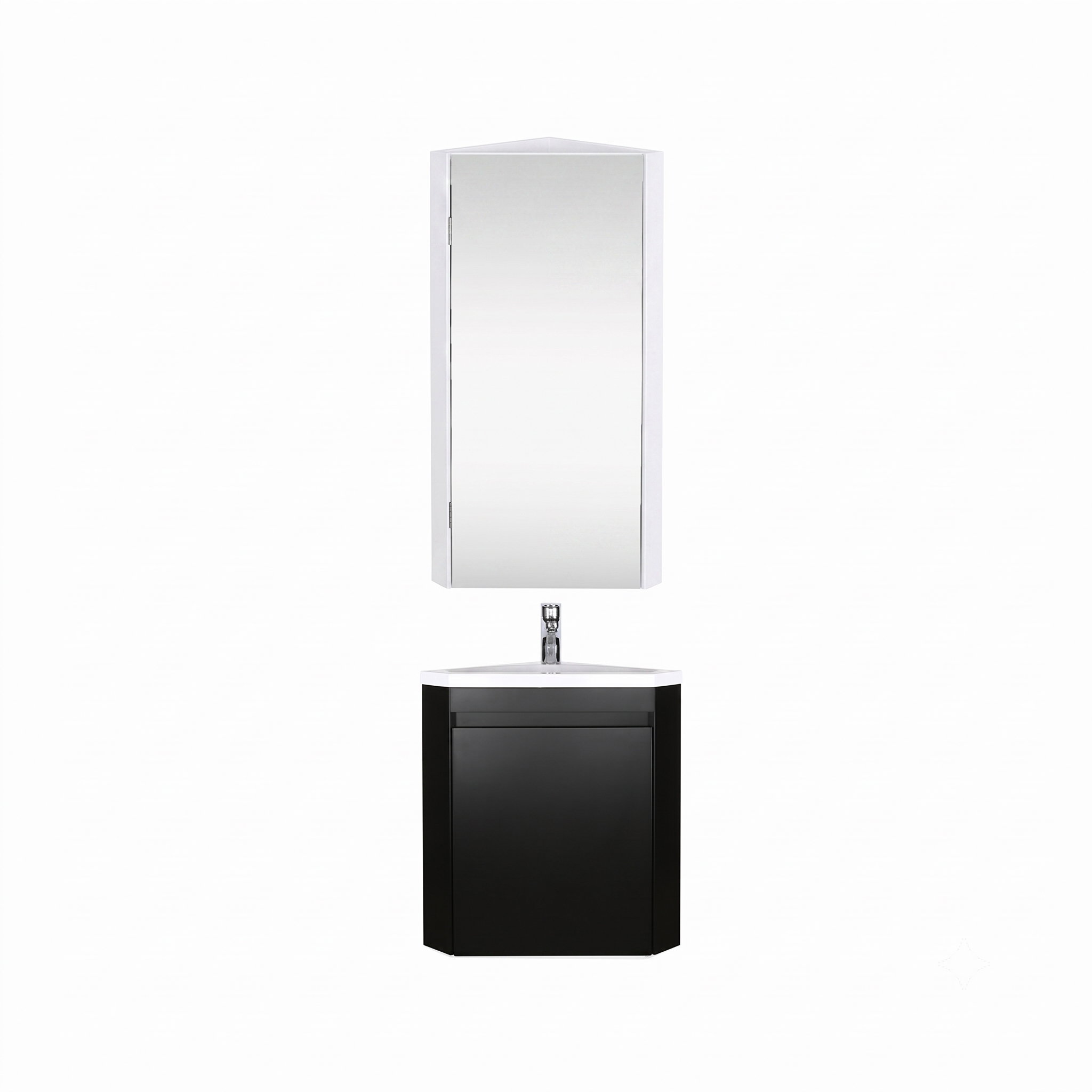 Ensemble lave-mains d'angle suspendu avec vasque résine et robinet chromé et armoire d'angle